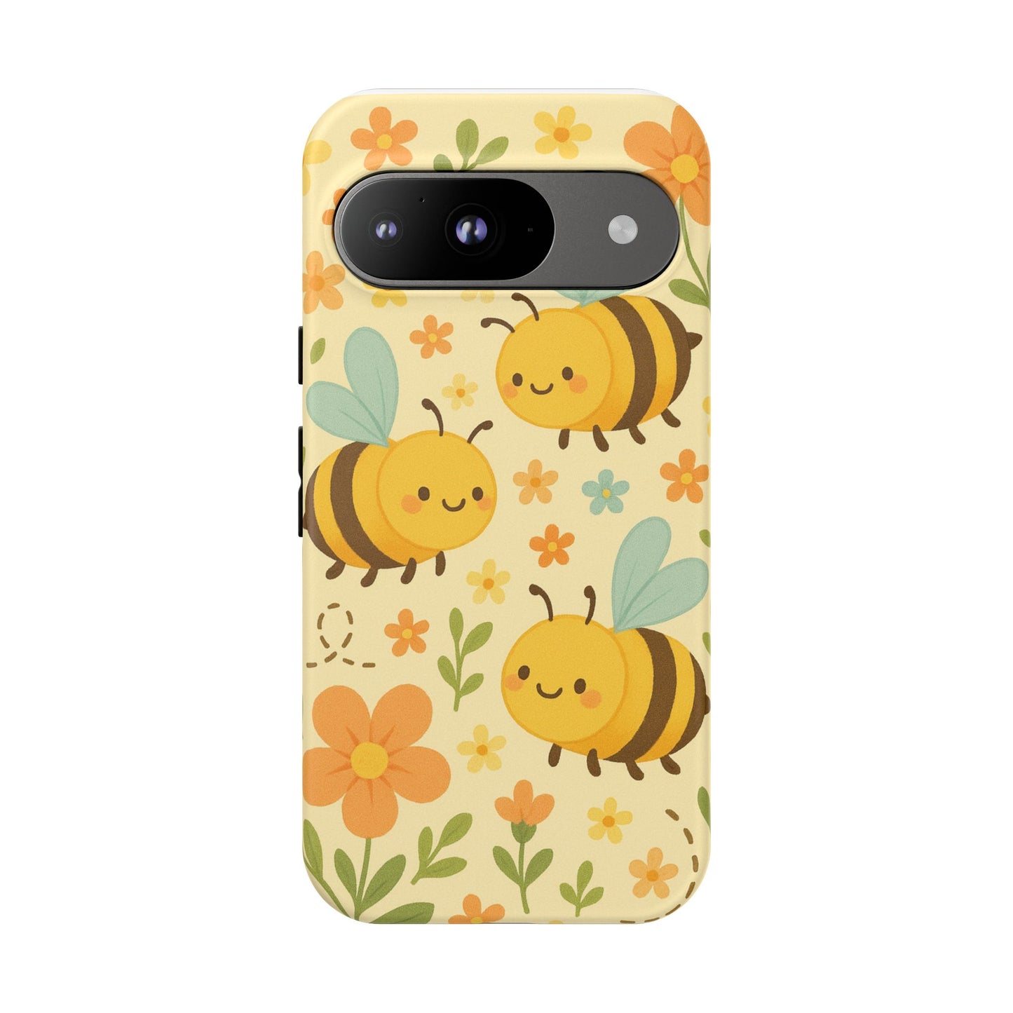 The Cute Cartoon Floral Bee Tough Phone Case by Printify features cartoon bees, orange and yellow flowers, and green leaves on a light yellow background—an ideal gift for bee lovers!.