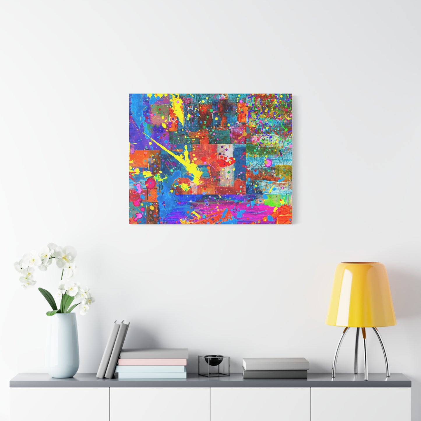 Neon Chaos Canvas Print – Abstract Patchwork Splatter Art with Bold Brushstrokes & Vivid Color Bursts