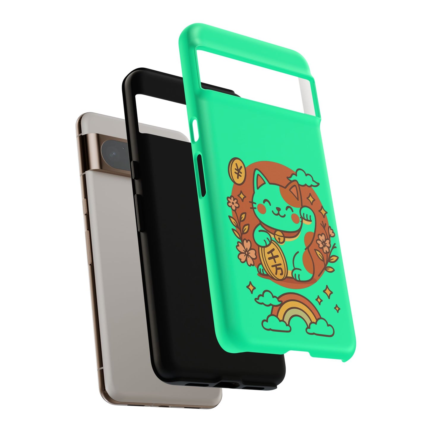 Capa de celular Kawaii Lucky Cat – Maneki-Neko japonês verde menta com moedas e arco-íris