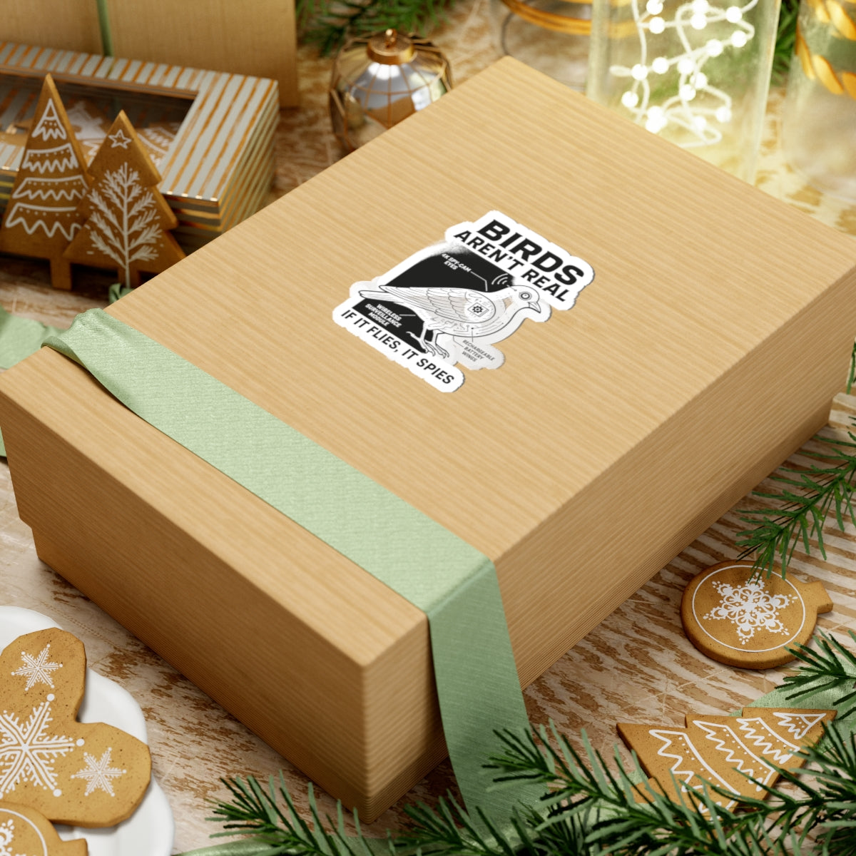 A gift box with a green ribbon sits on a festive table, featuring Printifys “Funny Birds Aren’t Real Spy Bird Sticker – Conspiracy Meme Design,” which shows a bird and the phrase “Birds Aren’t Real, It’s Just Spies.”.