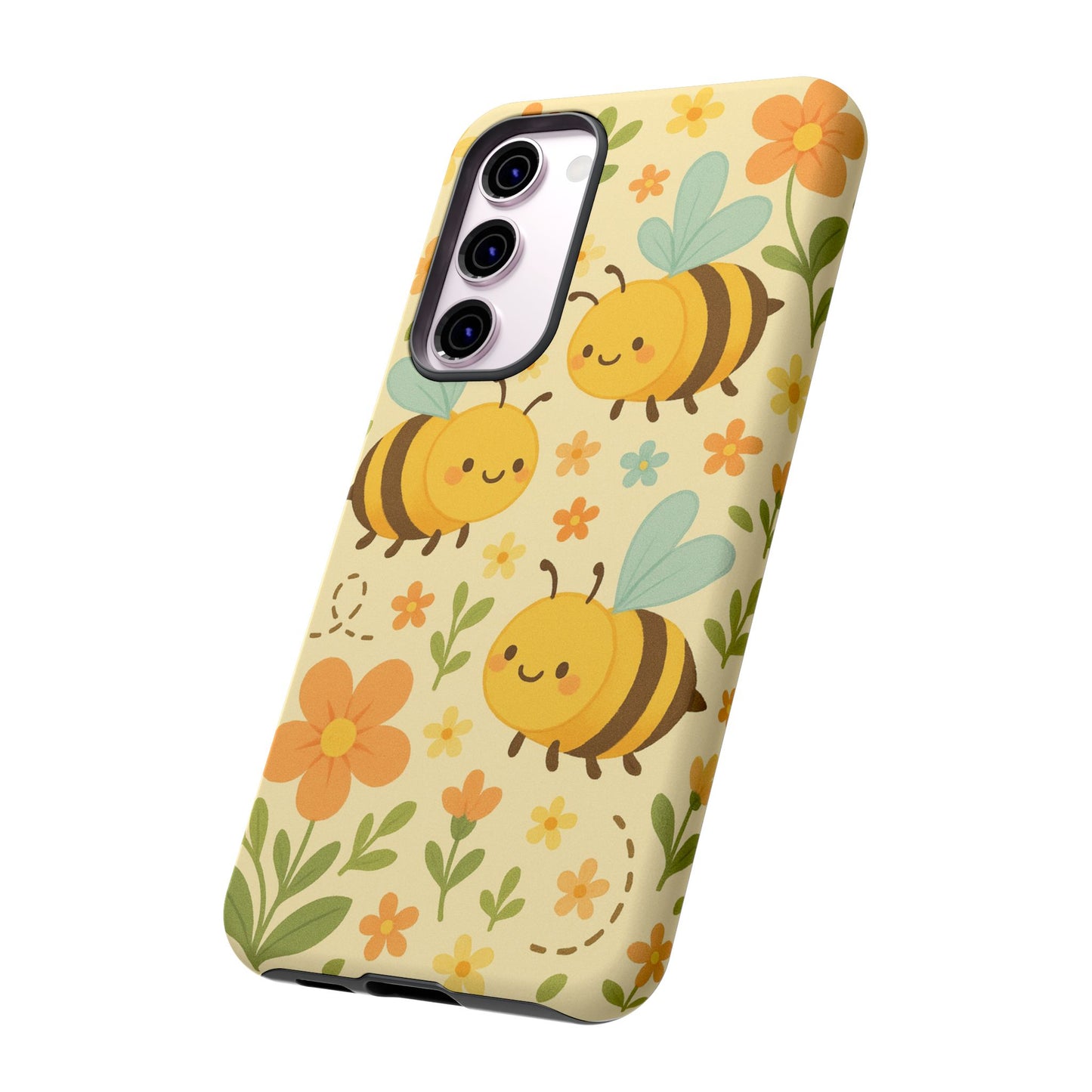 The Cute Cartoon Floral Bee Tough Phone Case by Printify features adorable bees, orange and yellow flowers, and green leaves on a light yellow background—perfect as a bee lover’s gift!.