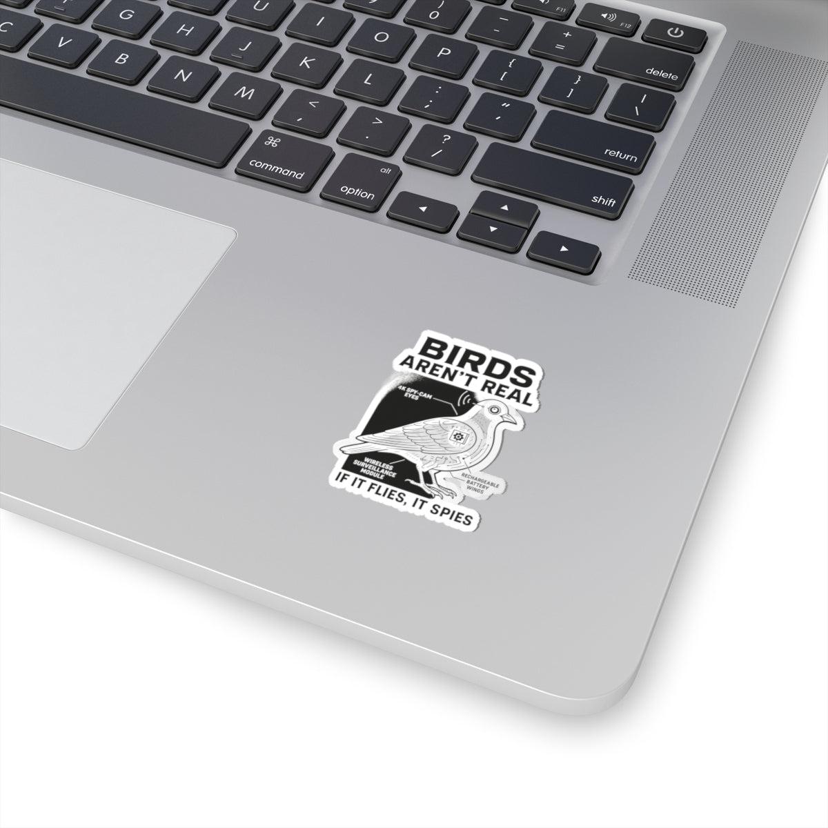 A laptop keyboard with the Printify Funny Birds Aren’t Real Spy Bird Sticker below it, featuring a bird labeled as a surveillance drone and bold text “BIRDS AREN’T REAL” and “IF IT FLIES IT SPIES” on vibrant, durable vinyl.