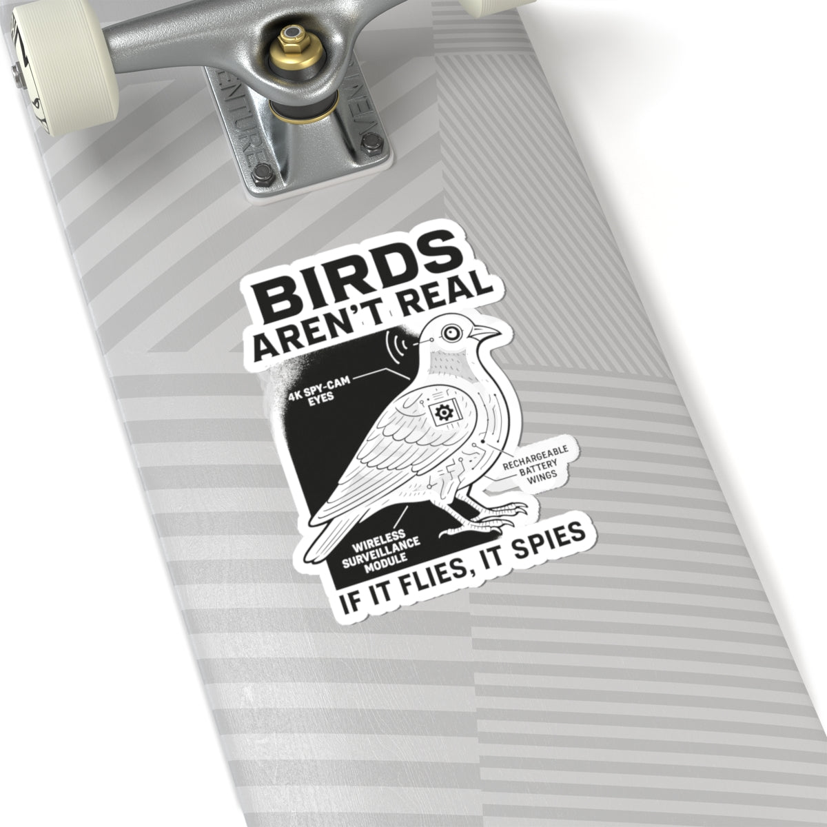 A skateboard sports the Printify “Funny Birds Aren’t Real Spy Bird Sticker – Conspiracy Meme Design,” a durable vinyl sticker featuring a pigeon with 4K spy-cam eyes and the phrase: BIRDS ARENT REAL. IF IT FLIES, IT SPIES.