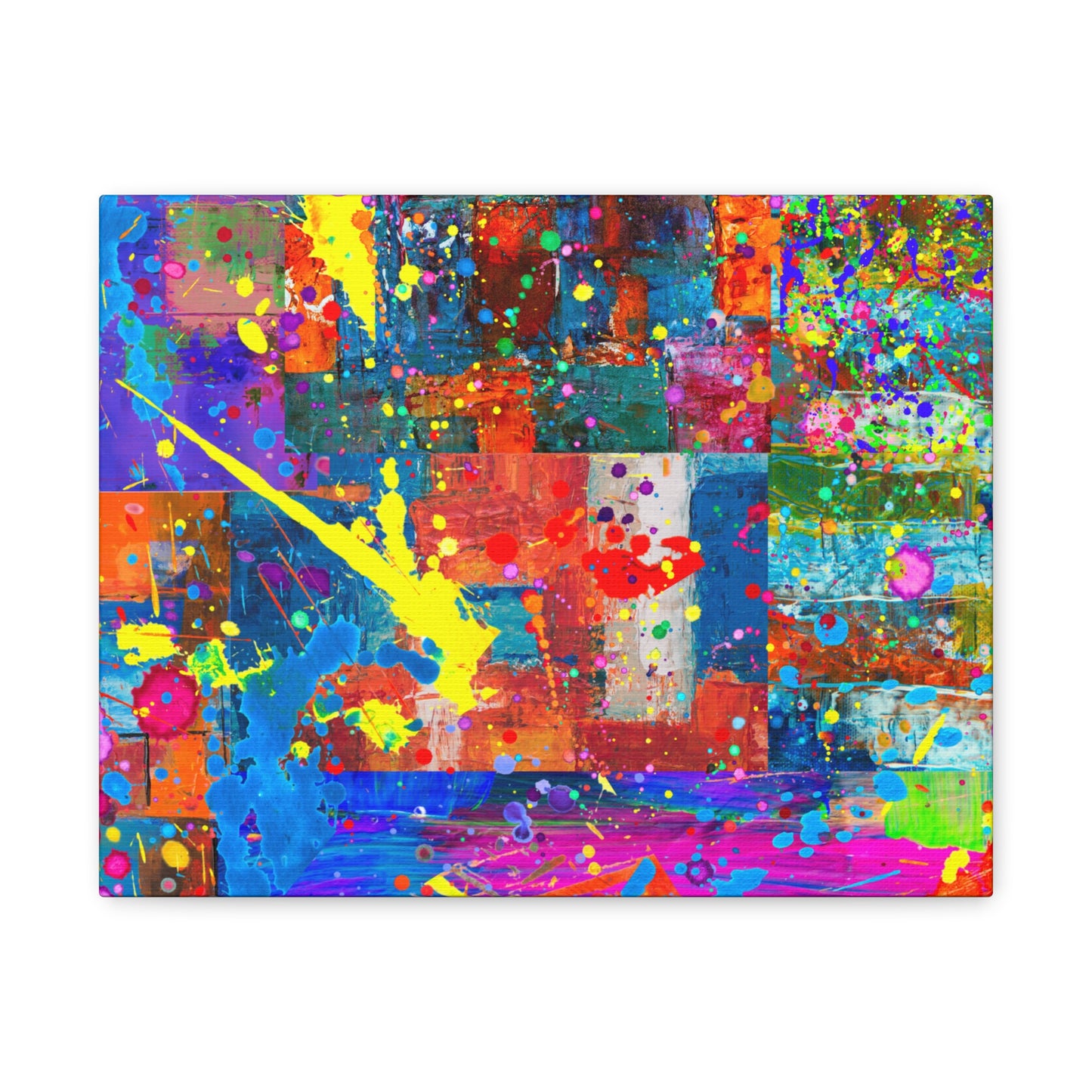 Neon Chaos Canvas Print – Abstract Patchwork Splatter Art with Bold Brushstrokes & Vivid Color Bursts