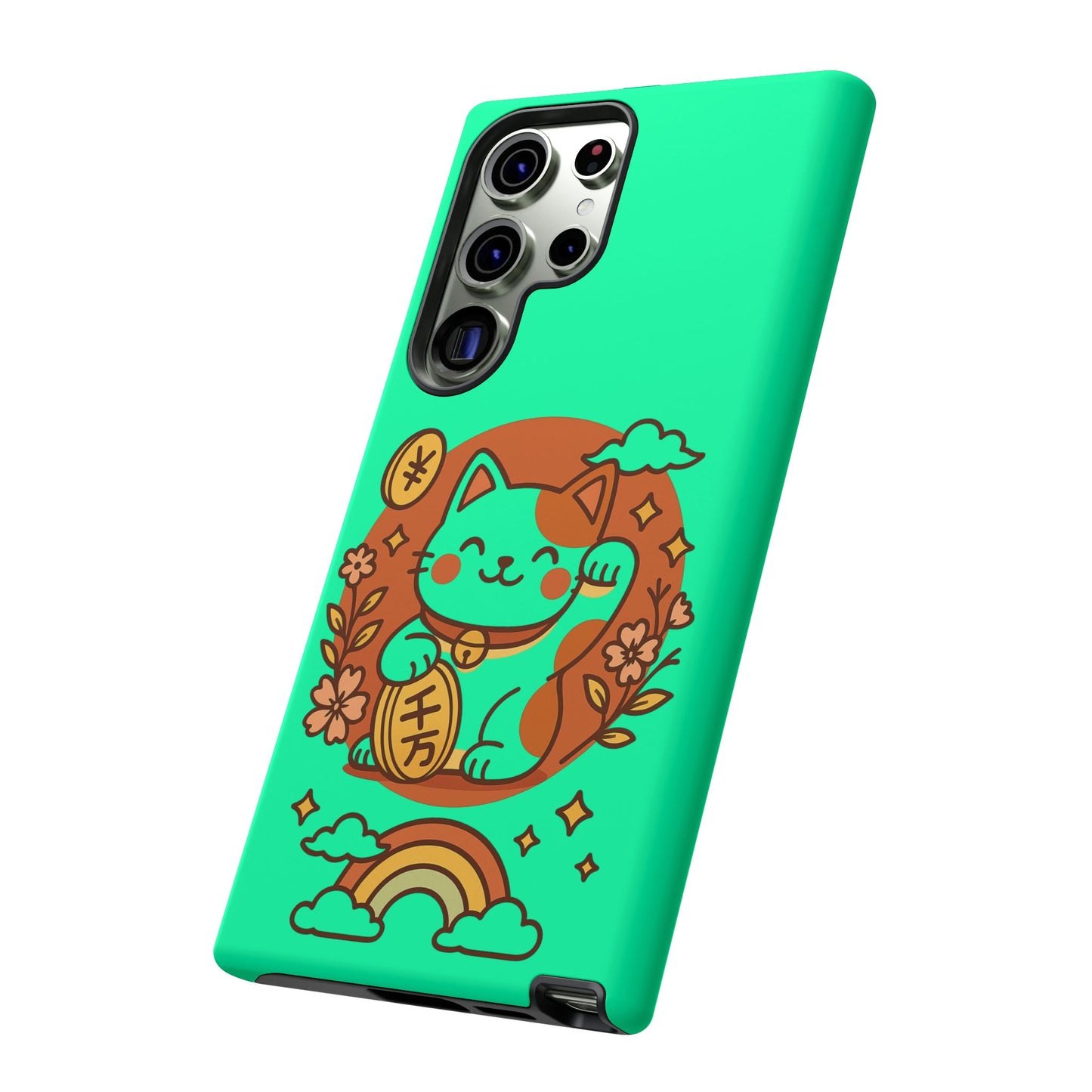 Capa de celular Kawaii Lucky Cat – Maneki-Neko japonês verde menta com moedas e arco-íris