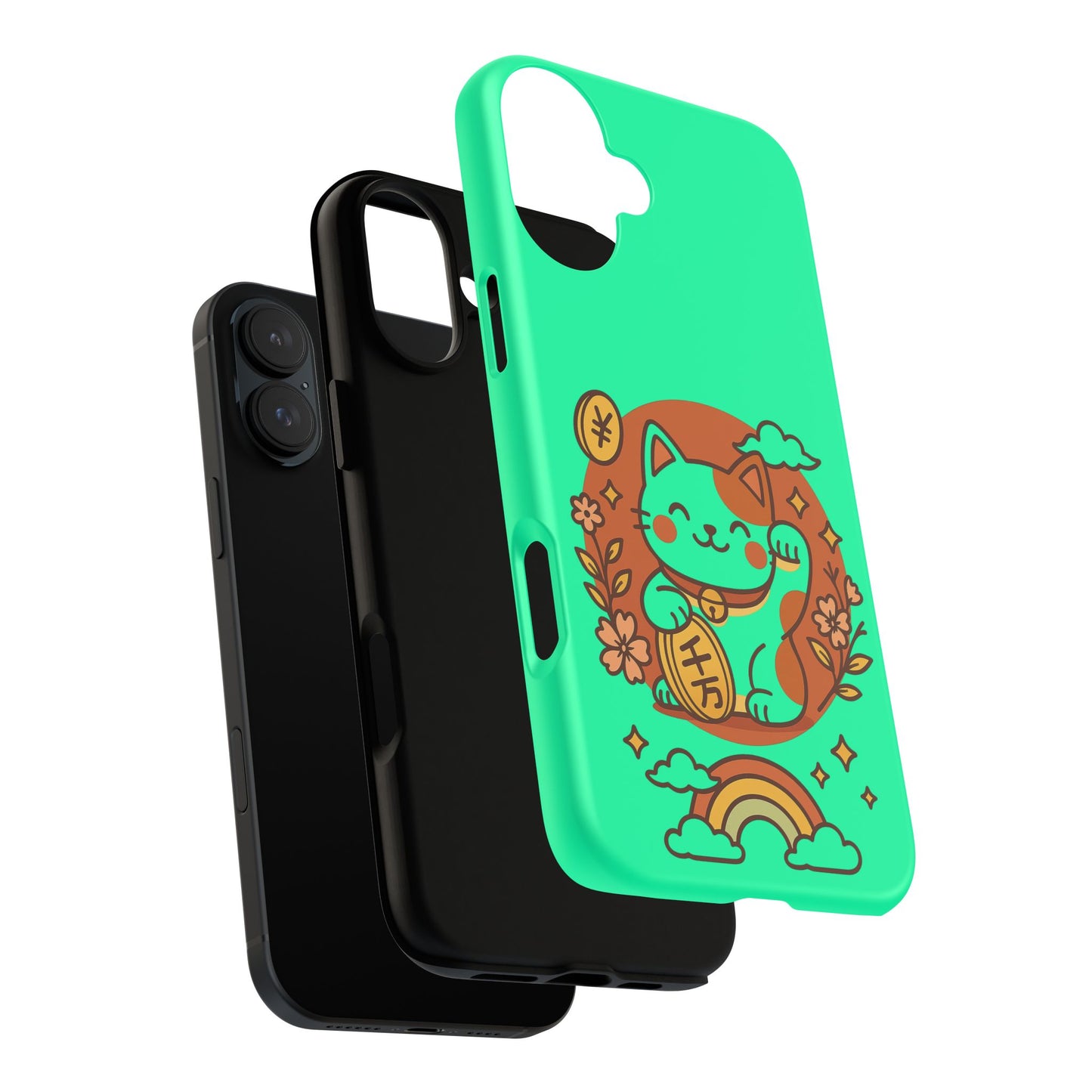 Capa de celular Kawaii Lucky Cat – Maneki-Neko japonês verde menta com moedas e arco-íris