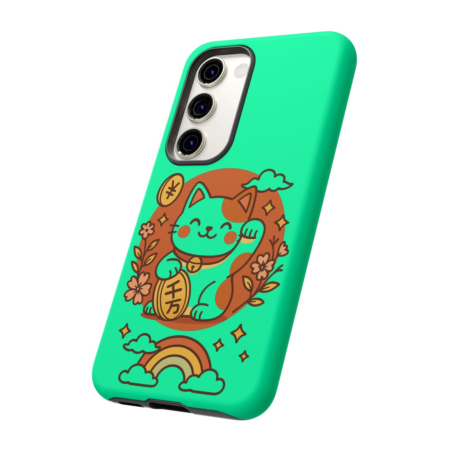 Capa de celular Kawaii Lucky Cat – Maneki-Neko japonês verde menta com moedas e arco-íris