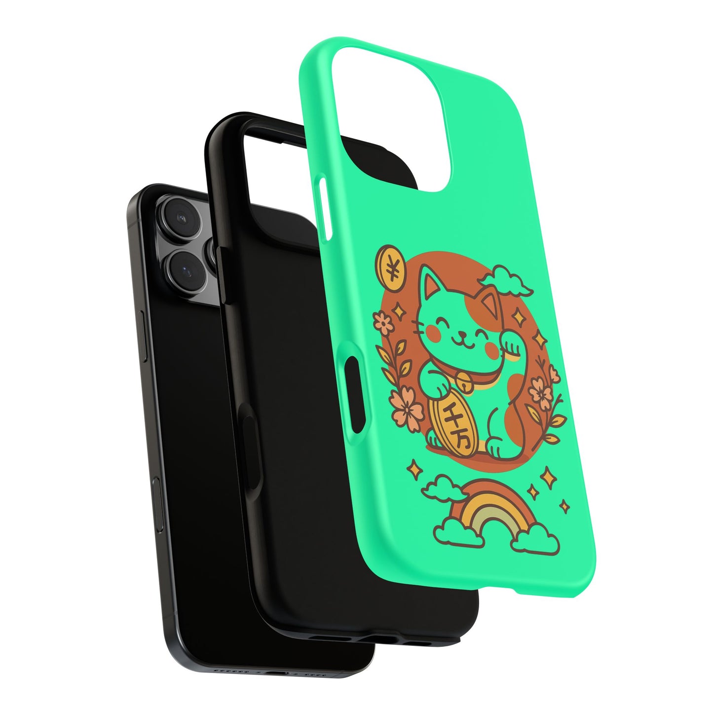 Capa de celular Kawaii Lucky Cat – Maneki-Neko japonês verde menta com moedas e arco-íris