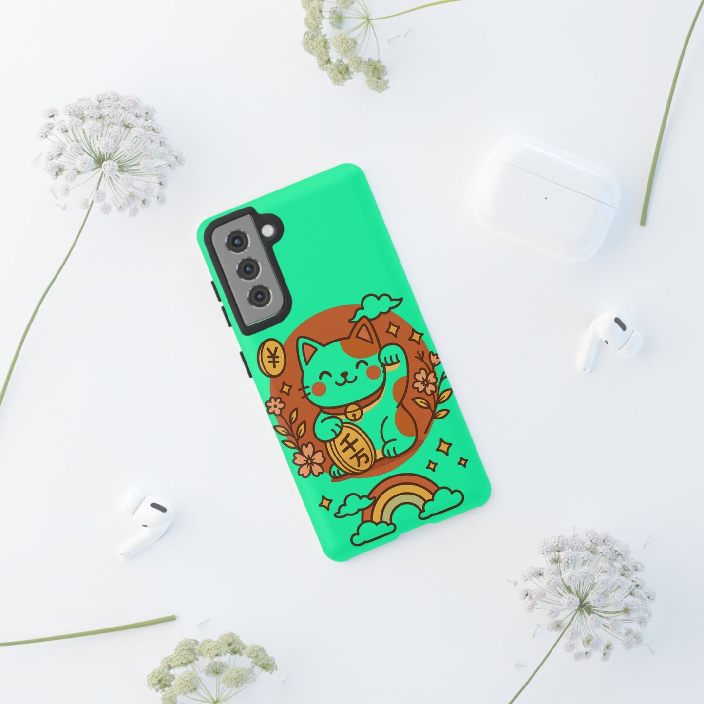 Capa de celular Kawaii Lucky Cat – Maneki-Neko japonês verde menta com moedas e arco-íris