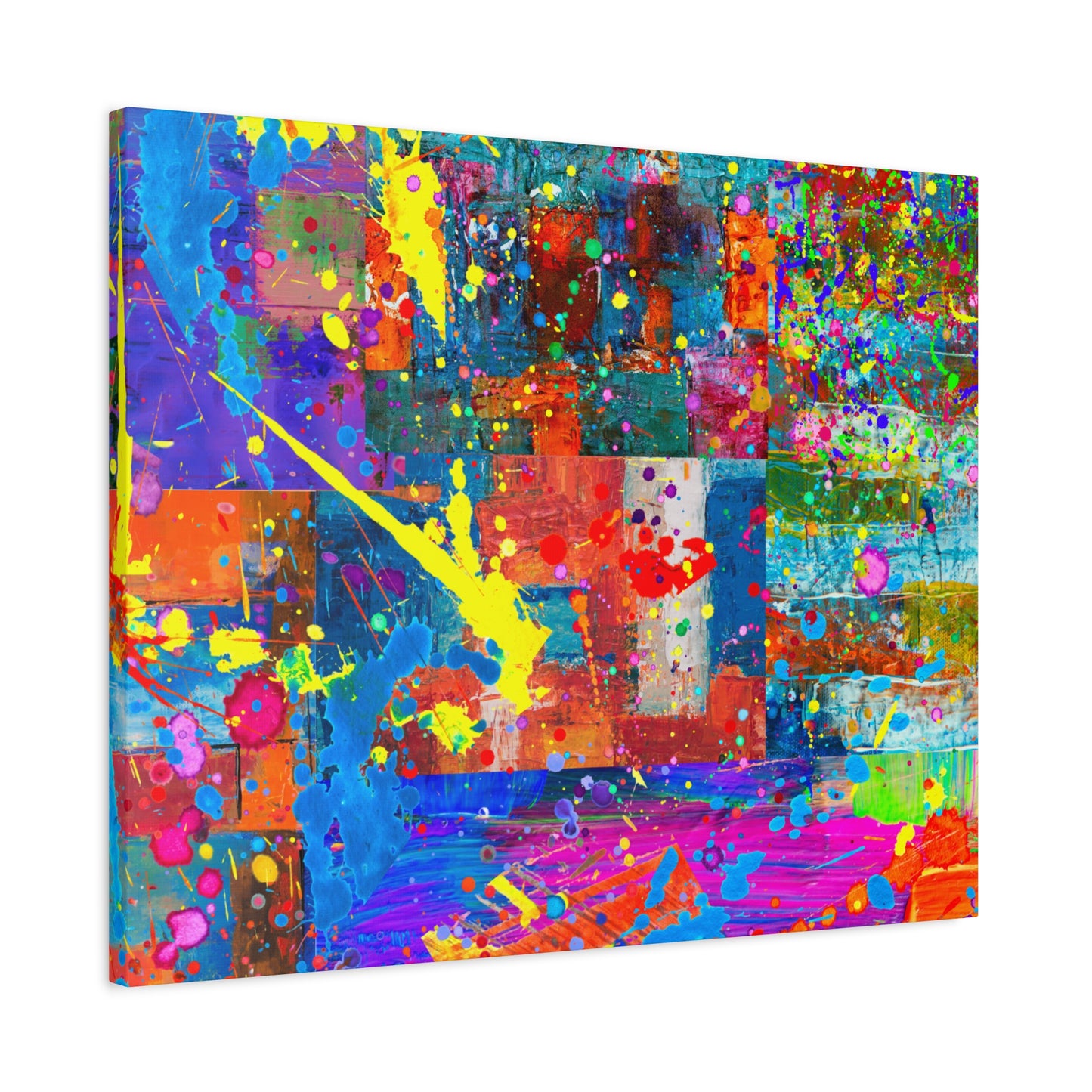 Neon Chaos Canvas Print – Abstract Patchwork Splatter Art with Bold Brushstrokes & Vivid Color Bursts