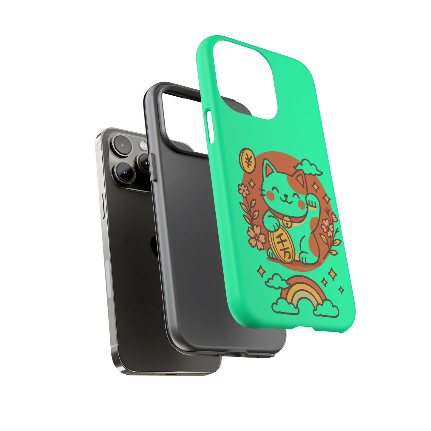 Capa de celular Kawaii Lucky Cat – Maneki-Neko japonês verde menta com moedas e arco-íris