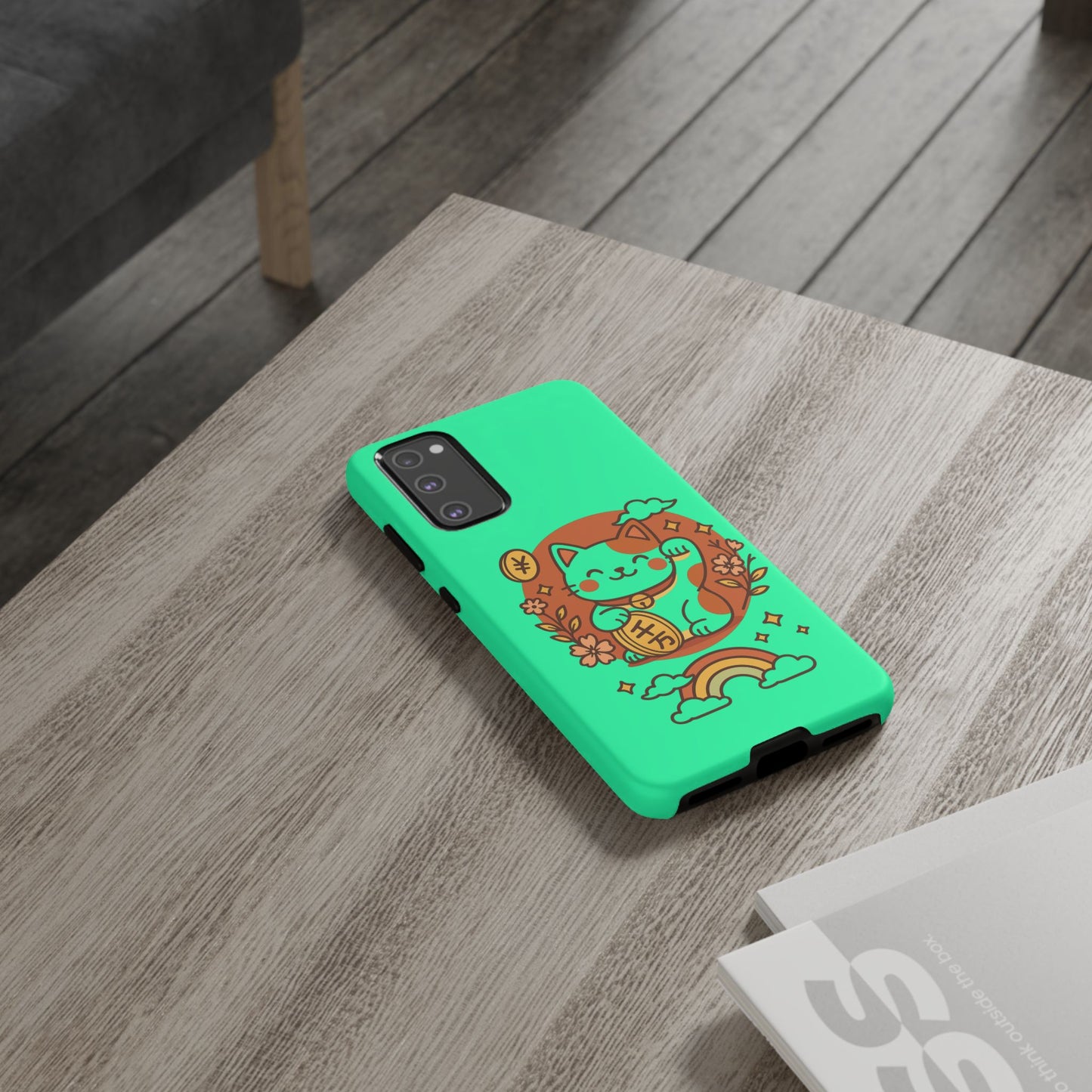 Capa de celular Kawaii Lucky Cat – Maneki-Neko japonês verde menta com moedas e arco-íris