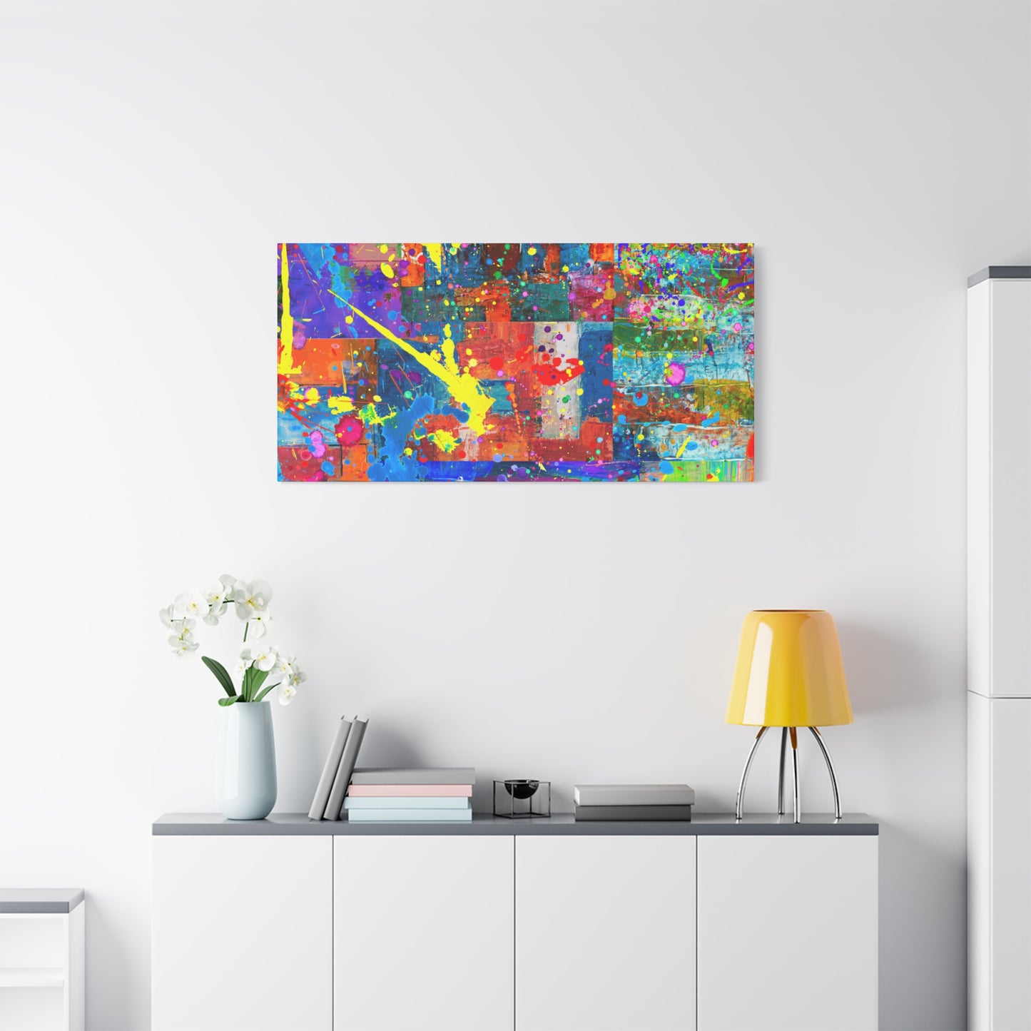 Neon Chaos Canvas Print – Abstract Patchwork Splatter Art with Bold Brushstrokes & Vivid Color Bursts