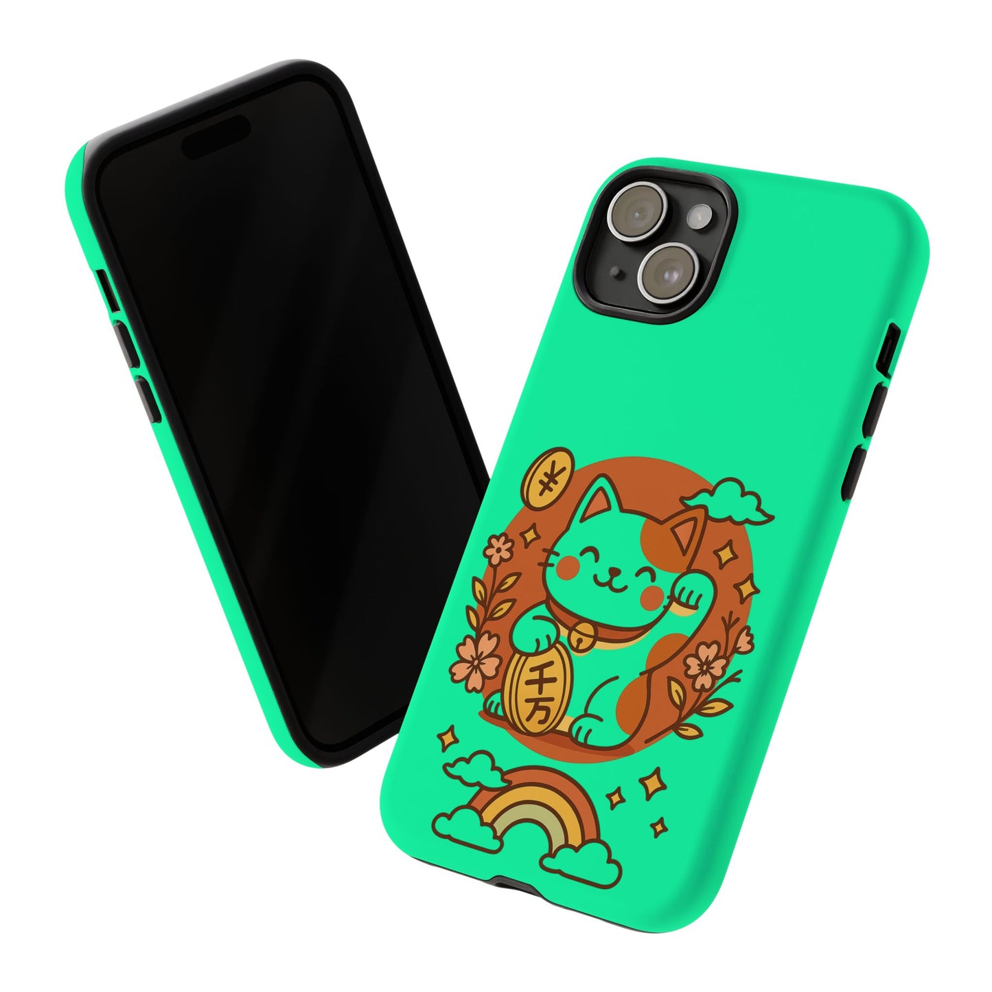 Capa de celular Kawaii Lucky Cat – Maneki-Neko japonês verde menta com moedas e arco-íris