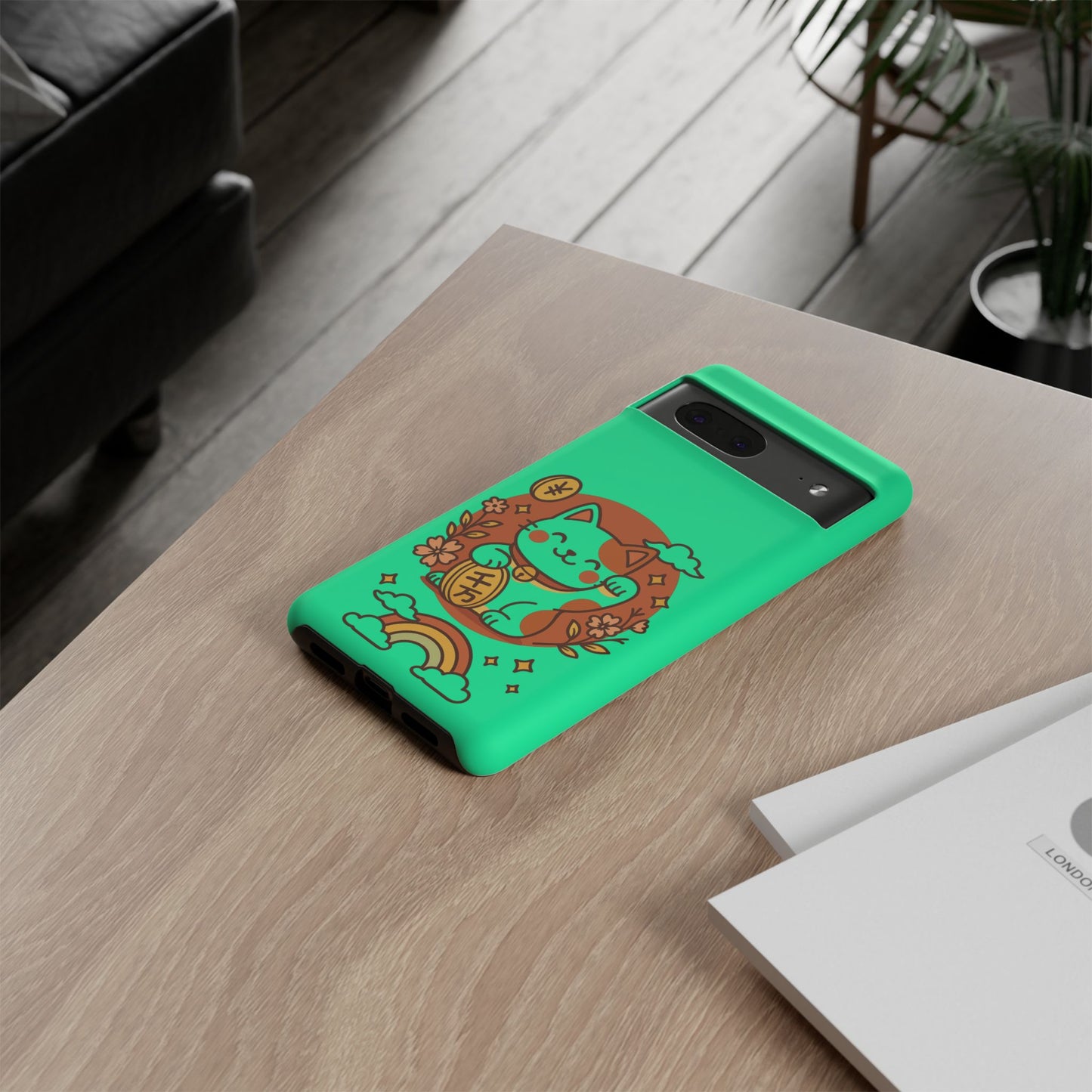 Capa de celular Kawaii Lucky Cat – Maneki-Neko japonês verde menta com moedas e arco-íris