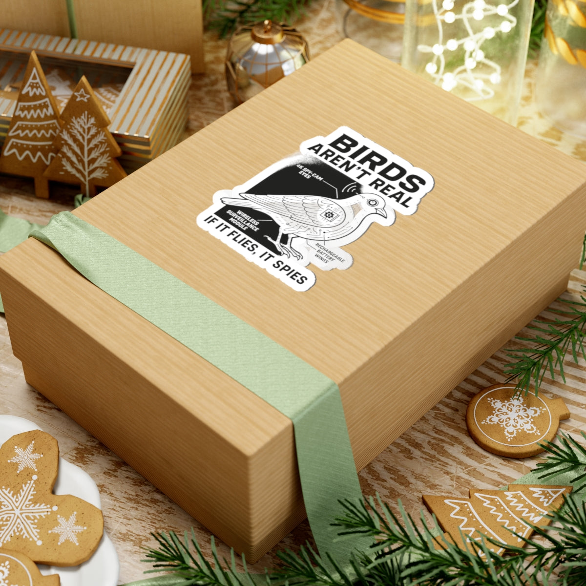 A wooden gift box with a green ribbon features Printify’s Funny Birds Aren’t Real Spy Bird Sticker – Conspiracy Meme Design, printed in vibrant colors, surrounded by Christmas cookies, fir branches, and festive decorations.