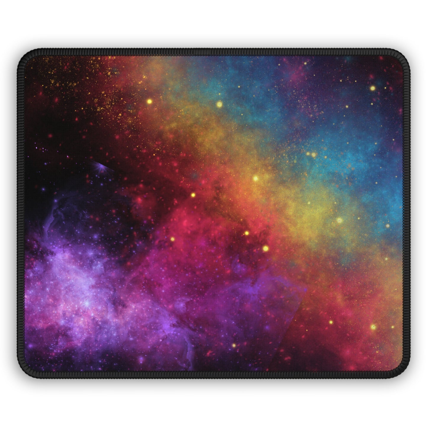 The Printify Cosmic Galaxy Gaming Mouse Pad features a vibrant space design with swirling colors and stars on a black background. Its smooth surface ensures precise control, making it perfect for gamers.