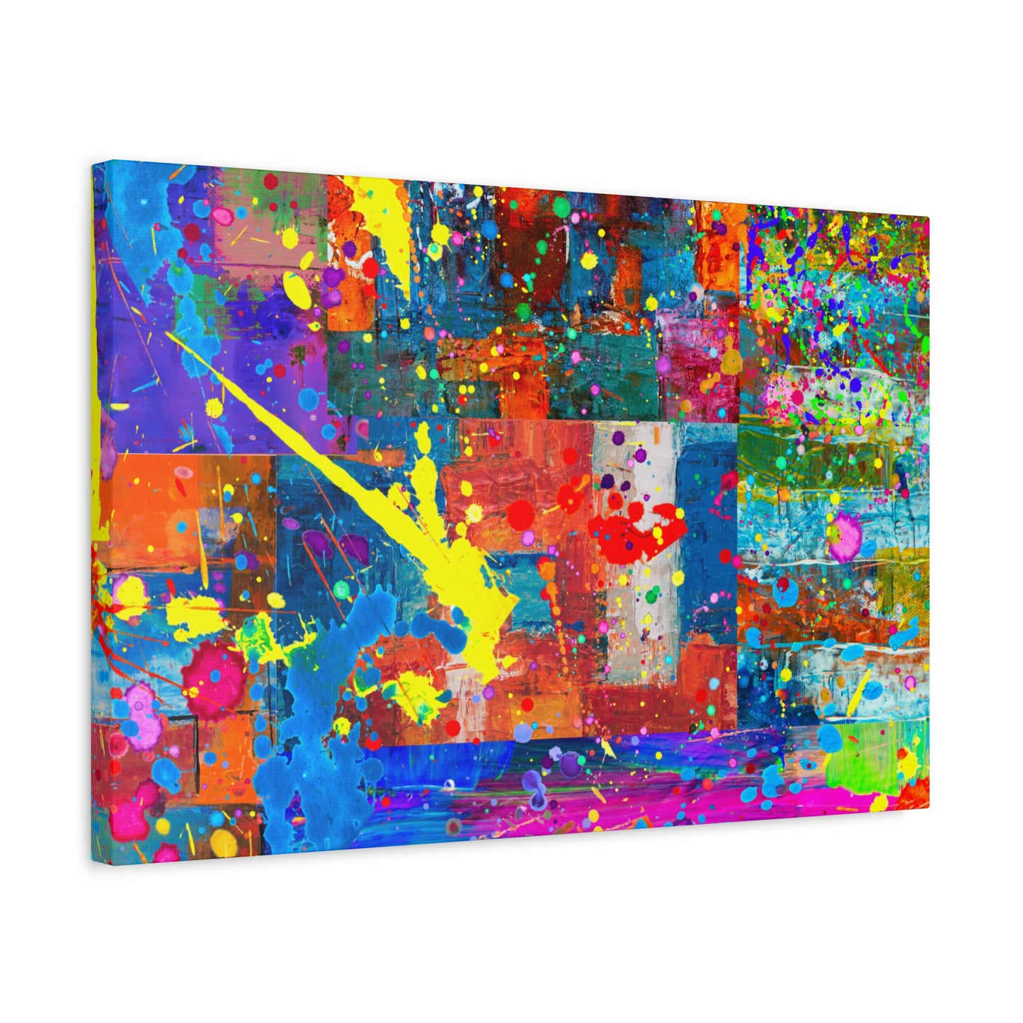 Neon Chaos Canvas Print – Abstract Patchwork Splatter Art with Bold Brushstrokes & Vivid Color Bursts