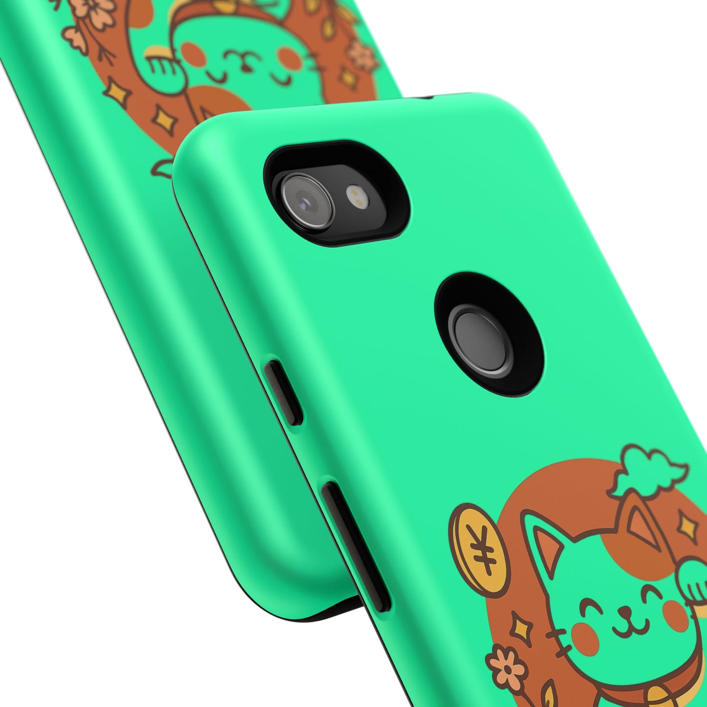 Capa de celular Kawaii Lucky Cat – Maneki-Neko japonês verde menta com moedas e arco-íris