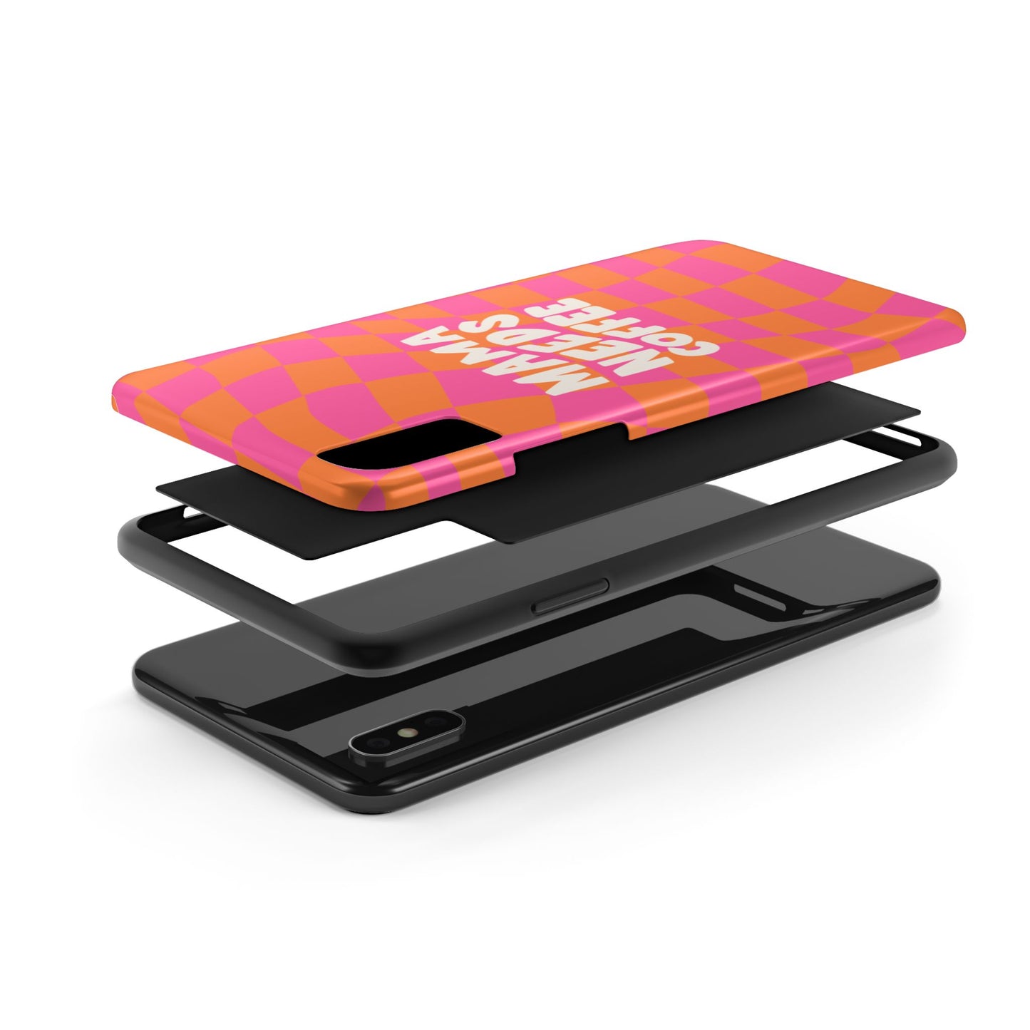 An exploded view of the Mama Needs Coffee Funny Tough Phone Case, featuring layered components above a smartphone and a colorful pink and orange checkered pattern with humorous text.