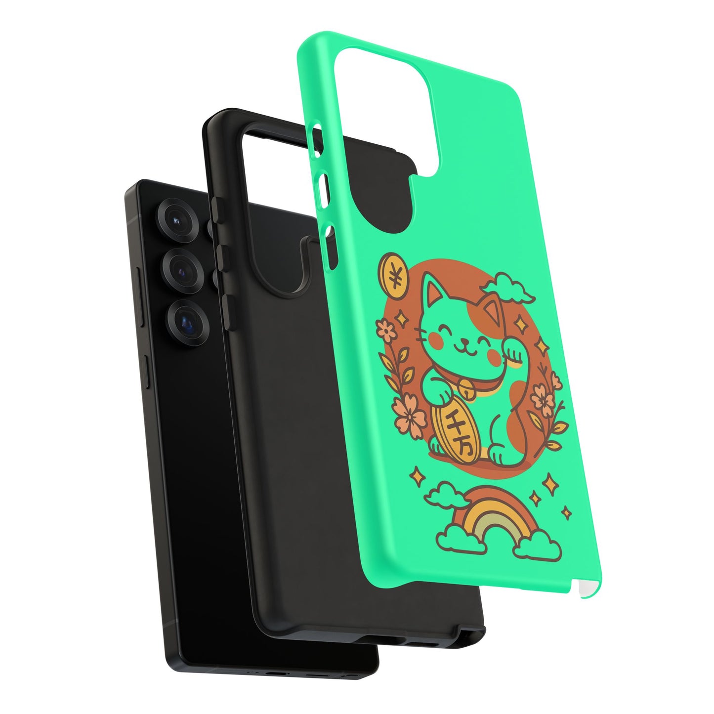 Capa de celular Kawaii Lucky Cat – Maneki-Neko japonês verde menta com moedas e arco-íris