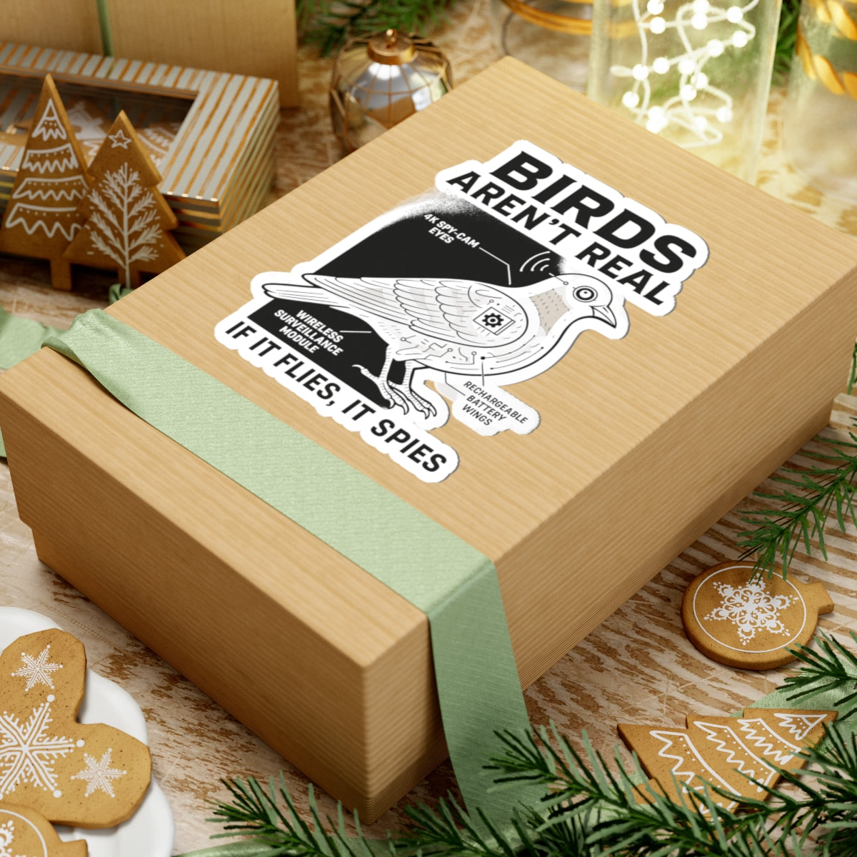 A gift box with a green ribbon features the Printify Funny Birds Aren’t Real Spy Bird Sticker – Conspiracy Meme Design, made from durable vinyl with vibrant colors, surrounded by holiday cookies, pine branches, and festive decorations.