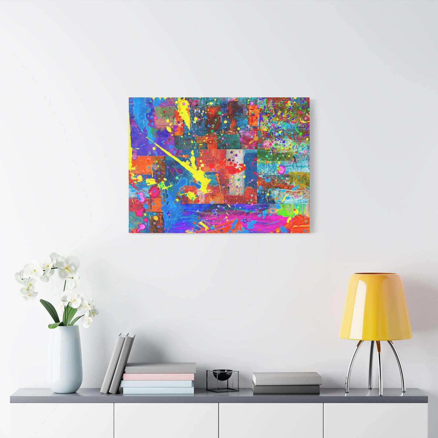 Neon Chaos Canvas Print – Abstract Patchwork Splatter Art with Bold Brushstrokes & Vivid Color Bursts