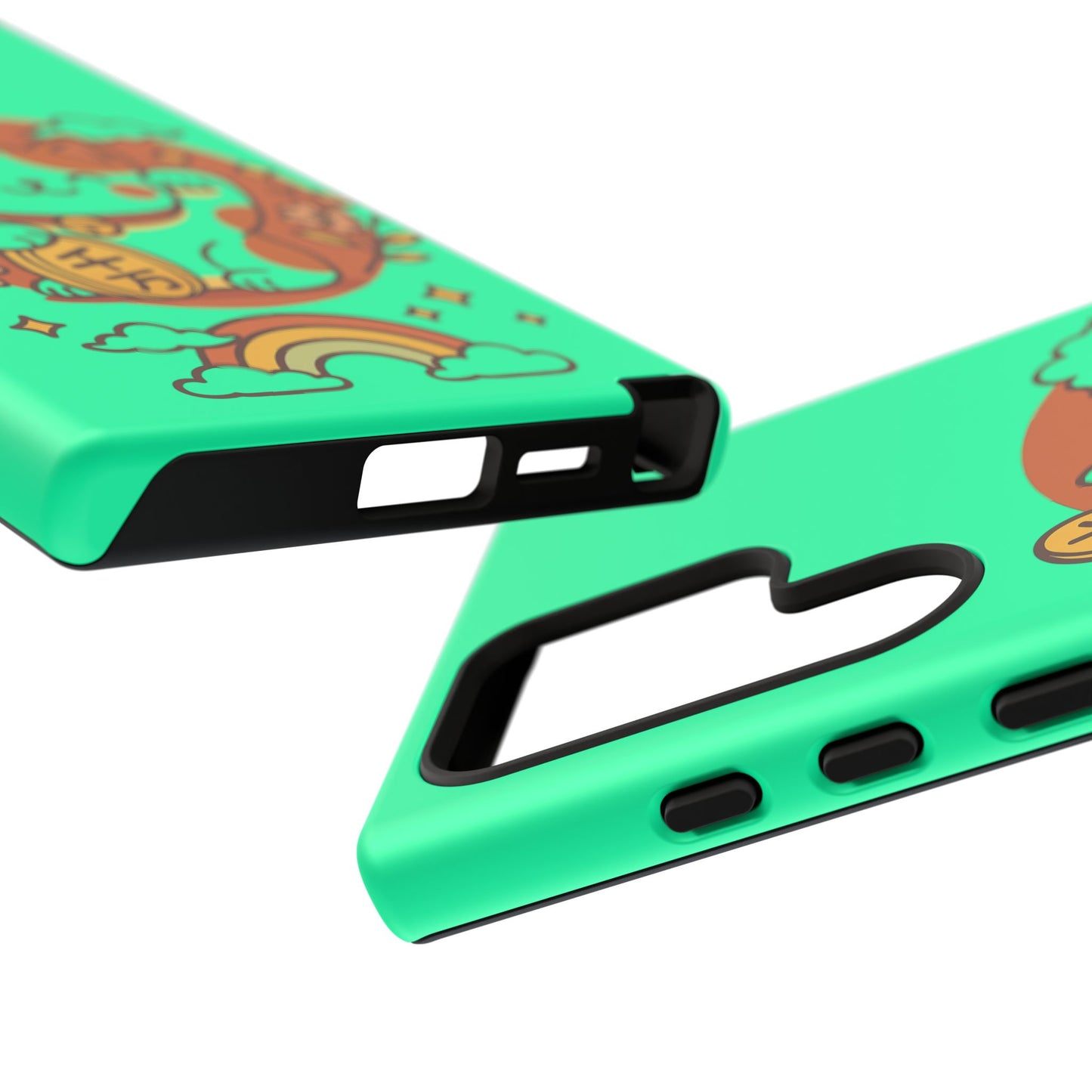 Capa de celular Kawaii Lucky Cat – Maneki-Neko japonês verde menta com moedas e arco-íris