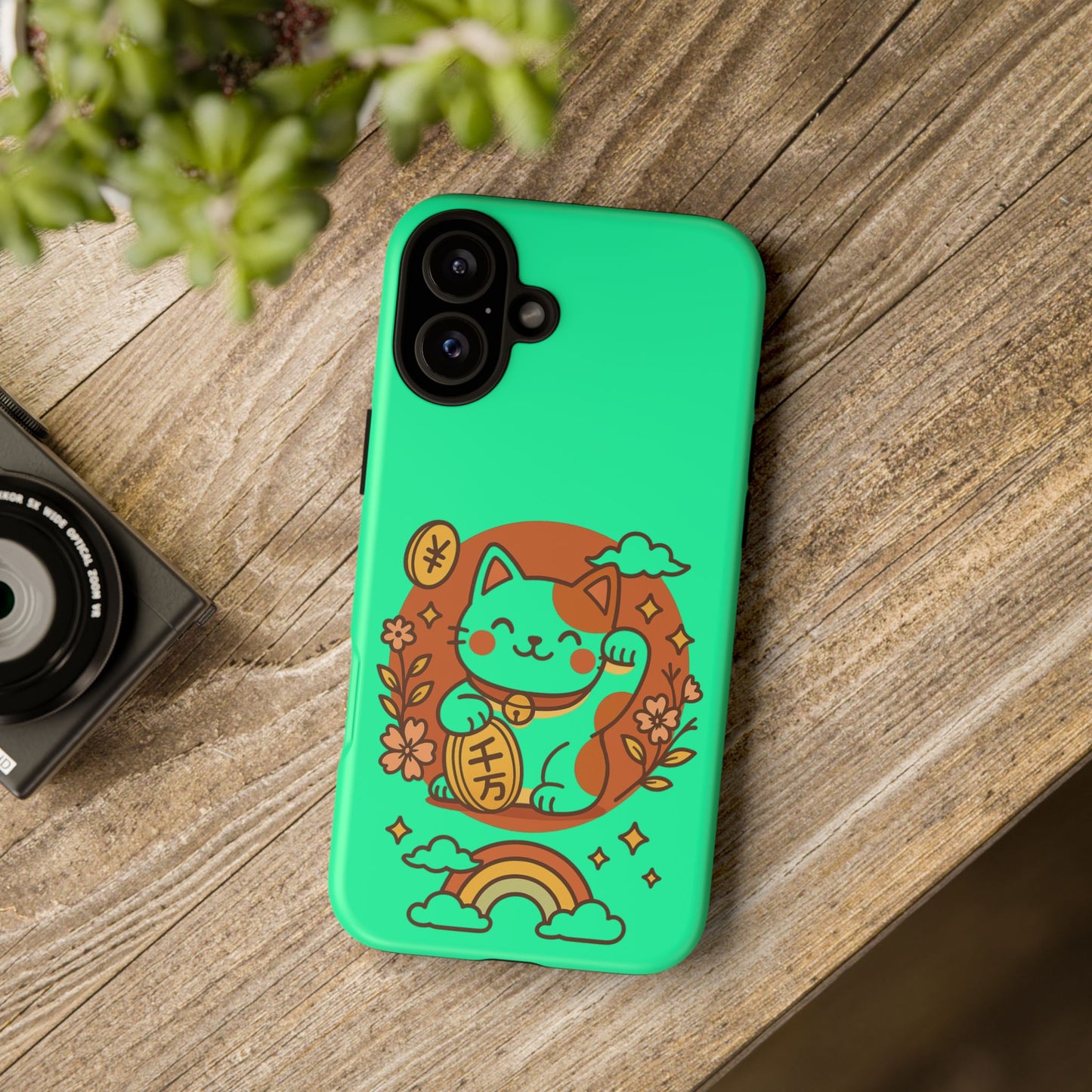 Capa de celular Kawaii Lucky Cat – Maneki-Neko japonês verde menta com moedas e arco-íris