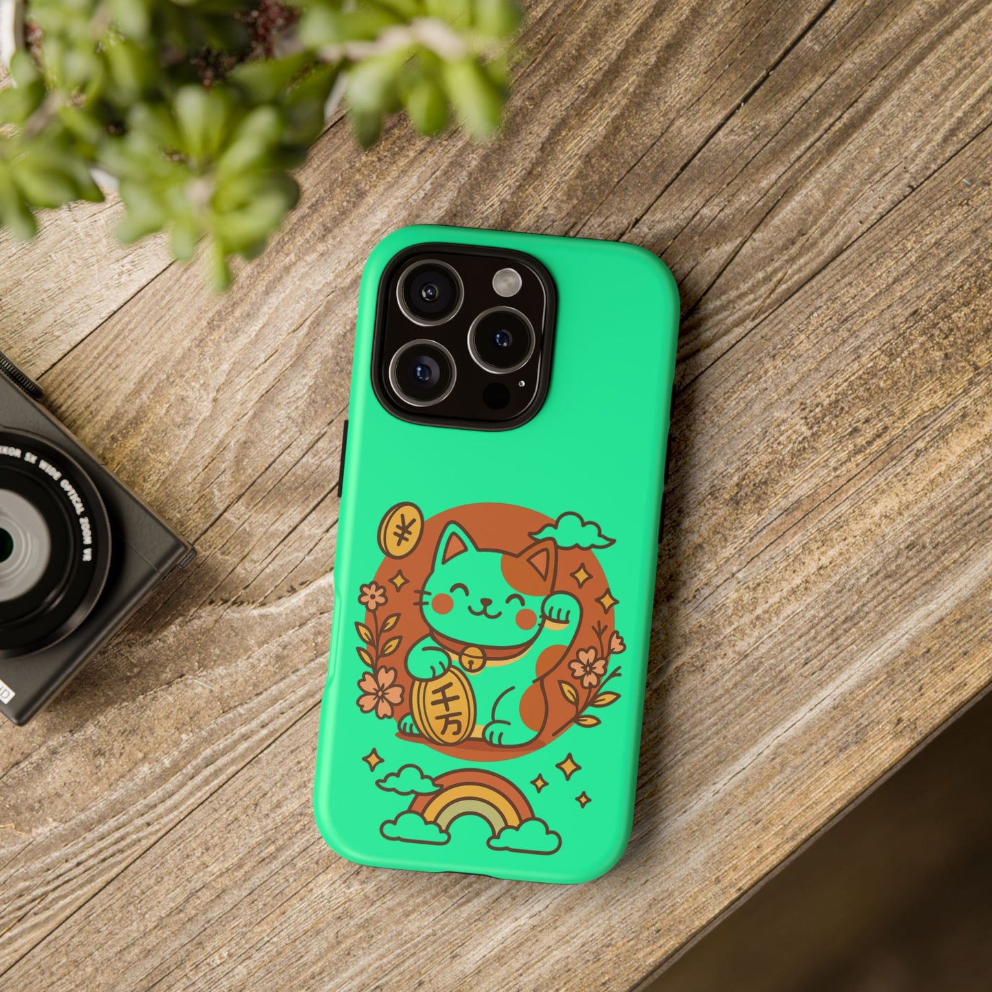 Capa de celular Kawaii Lucky Cat – Maneki-Neko japonês verde menta com moedas e arco-íris