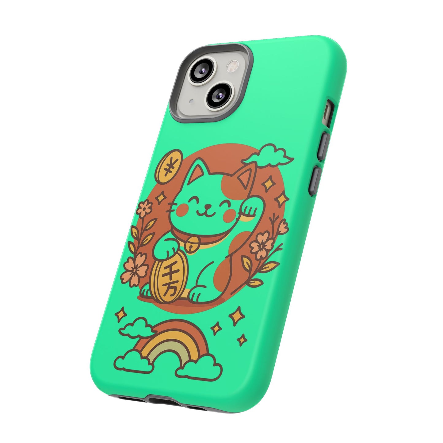 Capa de celular Kawaii Lucky Cat – Maneki-Neko japonês verde menta com moedas e arco-íris