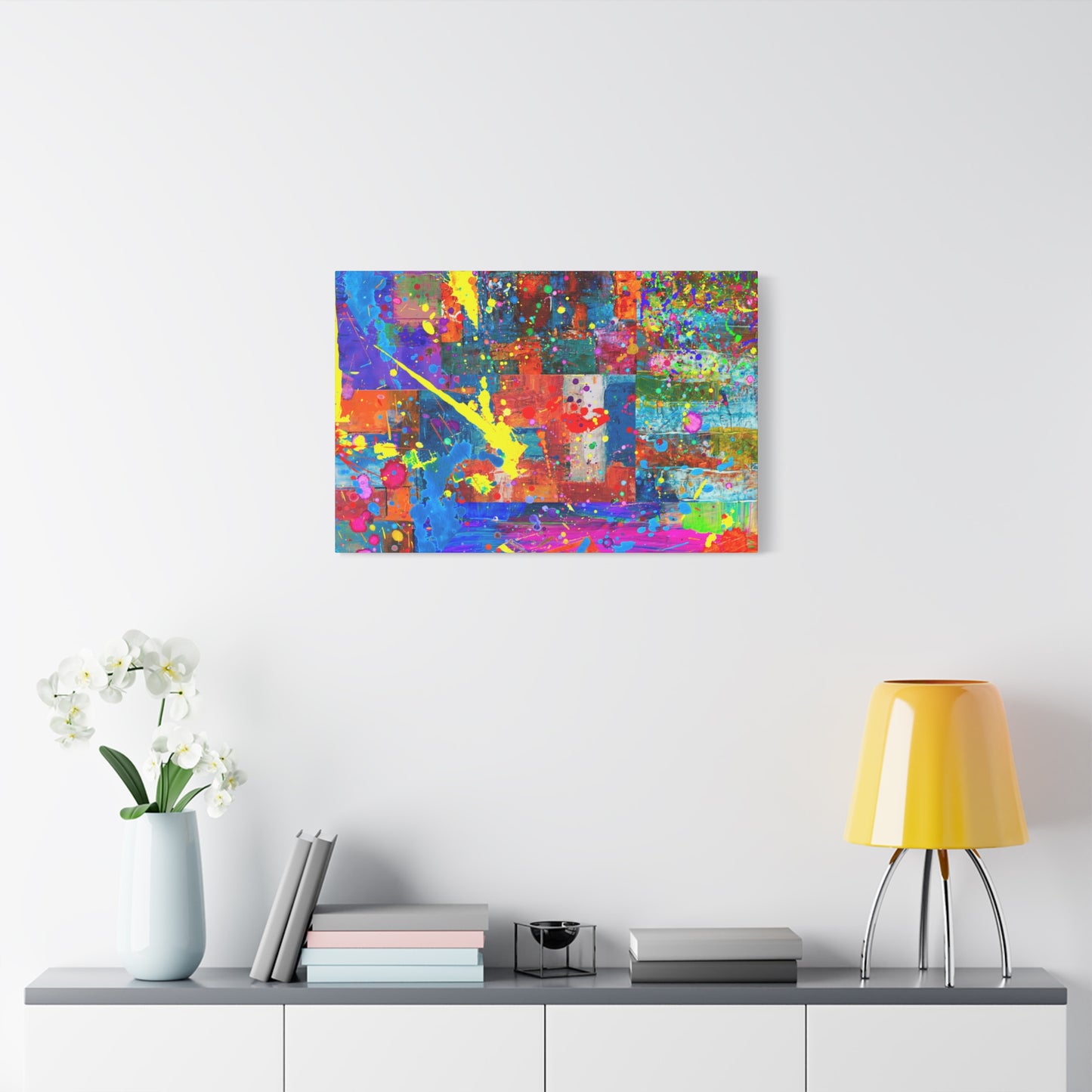 Neon Chaos Canvas Print – Abstract Patchwork Splatter Art with Bold Brushstrokes & Vivid Color Bursts