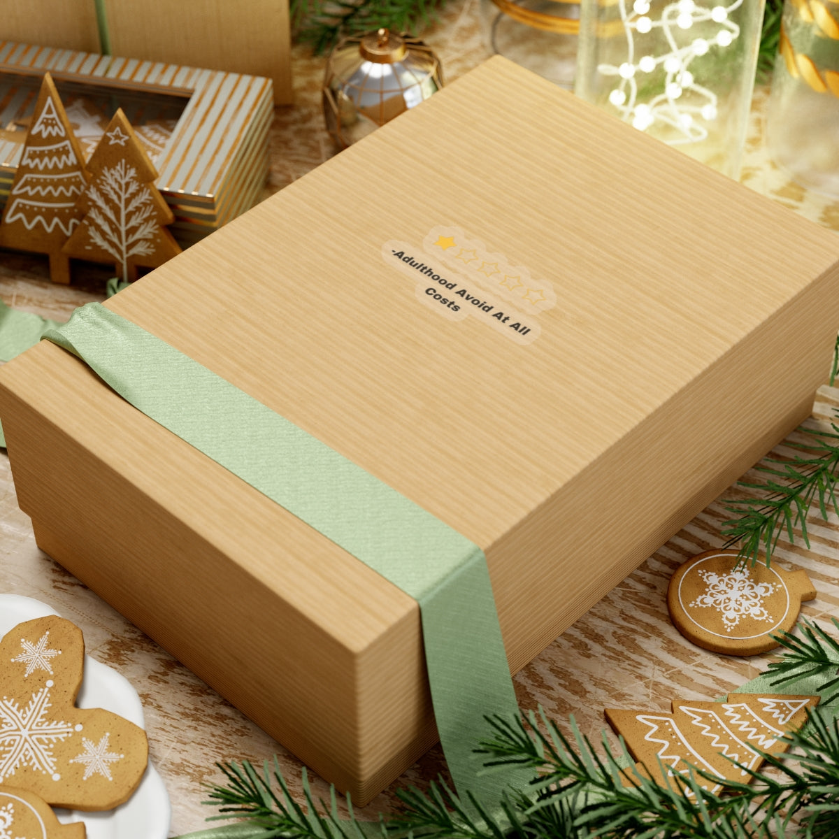 Adulthood review sticker on a light brown paper gift box with a green ribbon surrounded by festive gingerbread cookies and holiday decorations