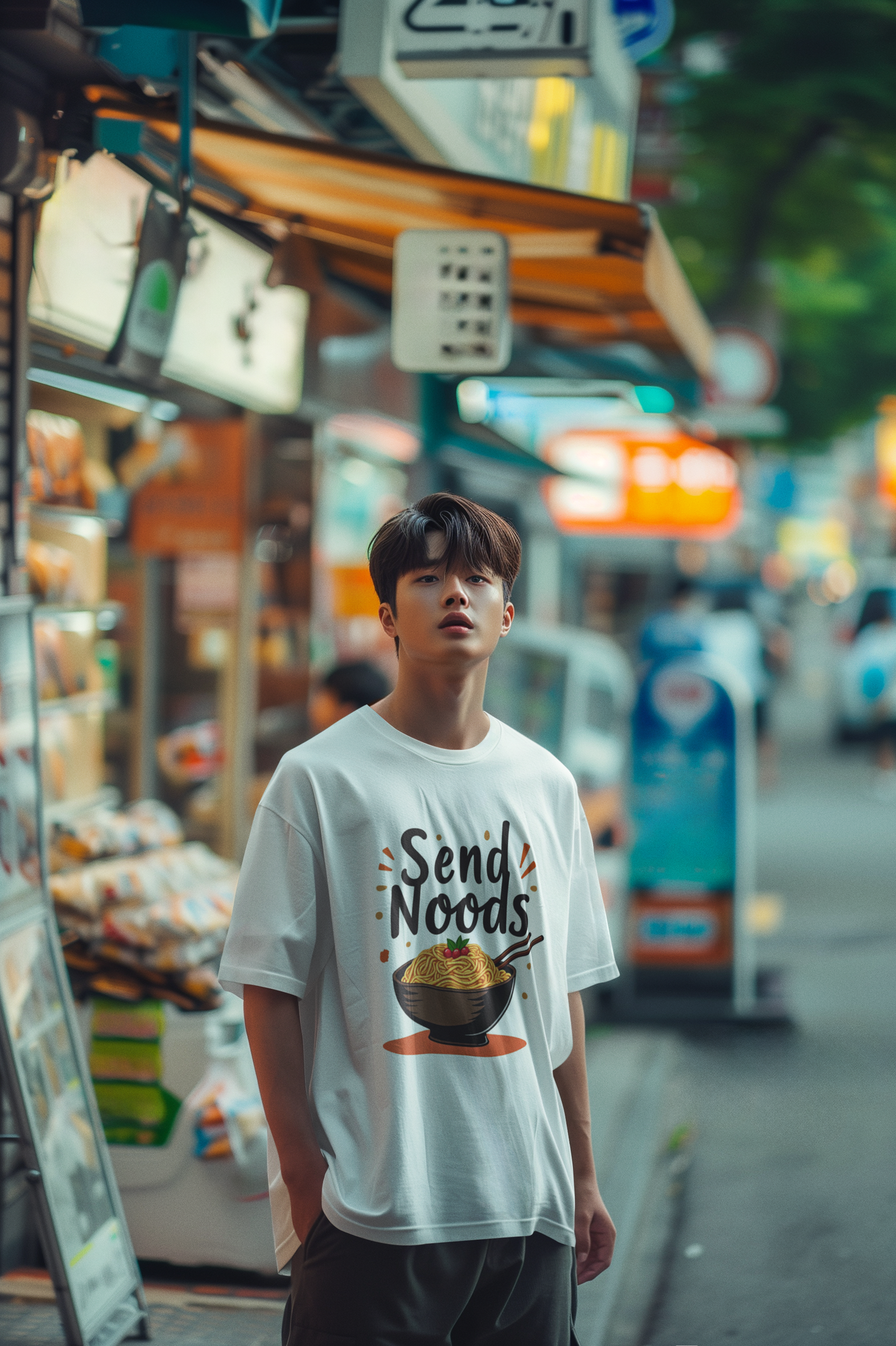 A young man stands on a city street in the Printify Send Noods T-Shirt – a funny ramen noodle pun tee for foodies and humor lovers – as neon store signs and bright evening lights glow behind him.