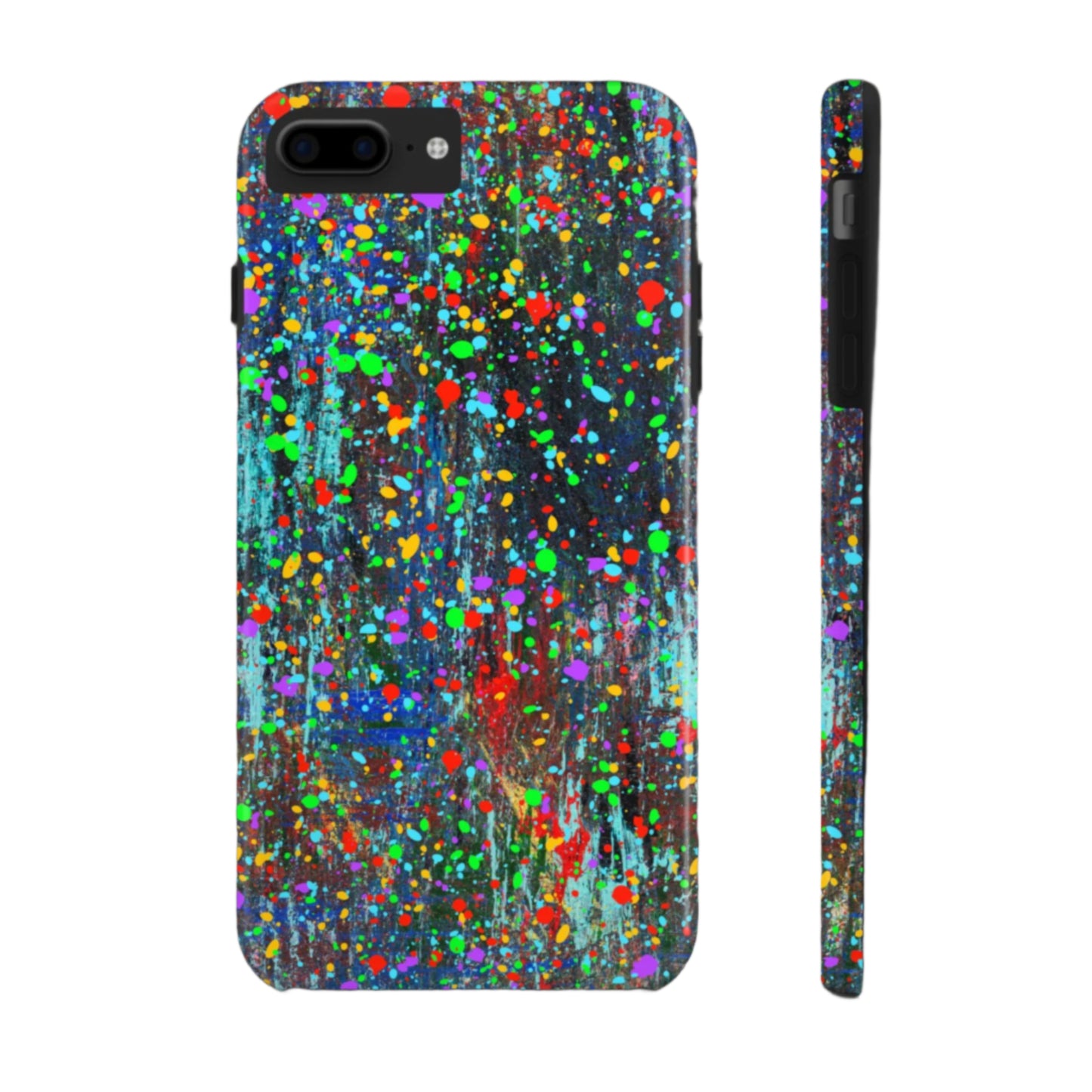 Printify colorful abstract drip paint phone case showing vibrant multicolor splatter on dark protective slim shell