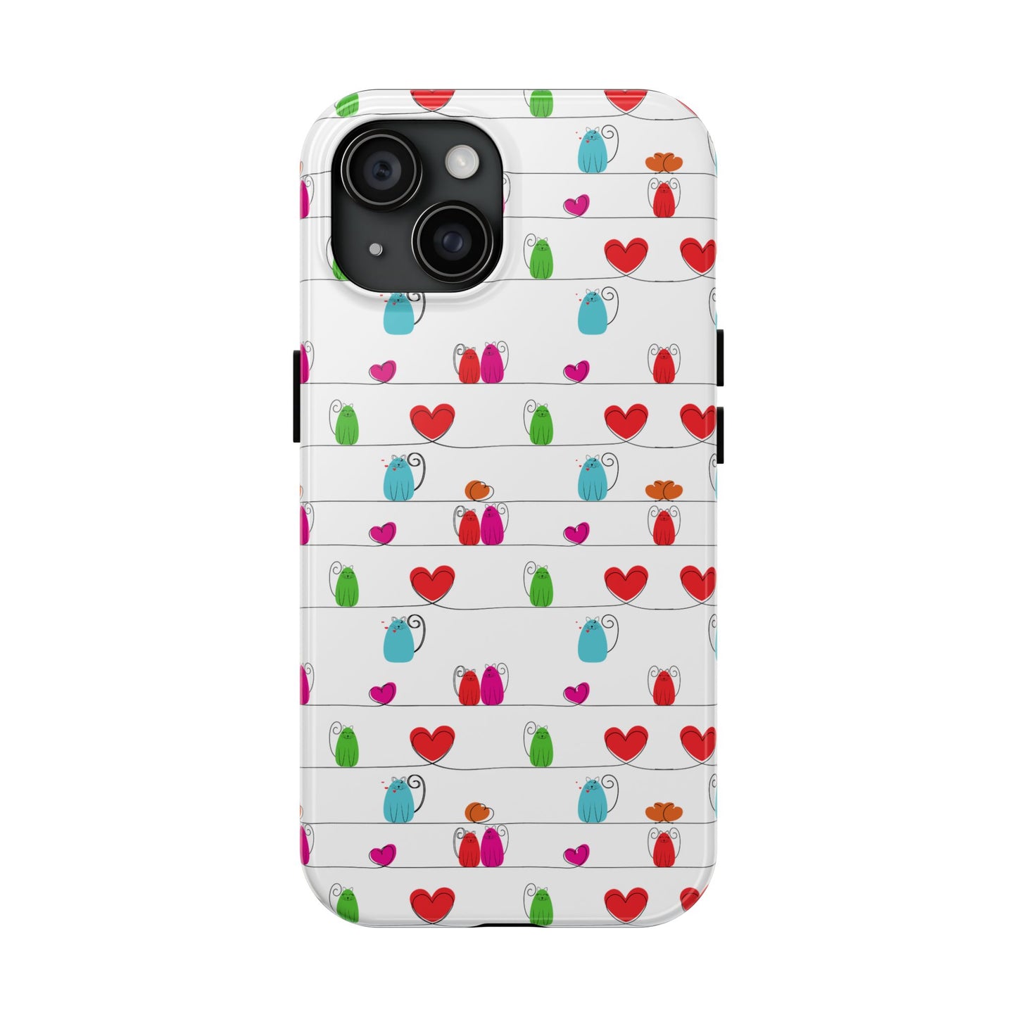 Printify phone case with whimsical cat print phone cover featuring colorful cat icons and red hearts on white background