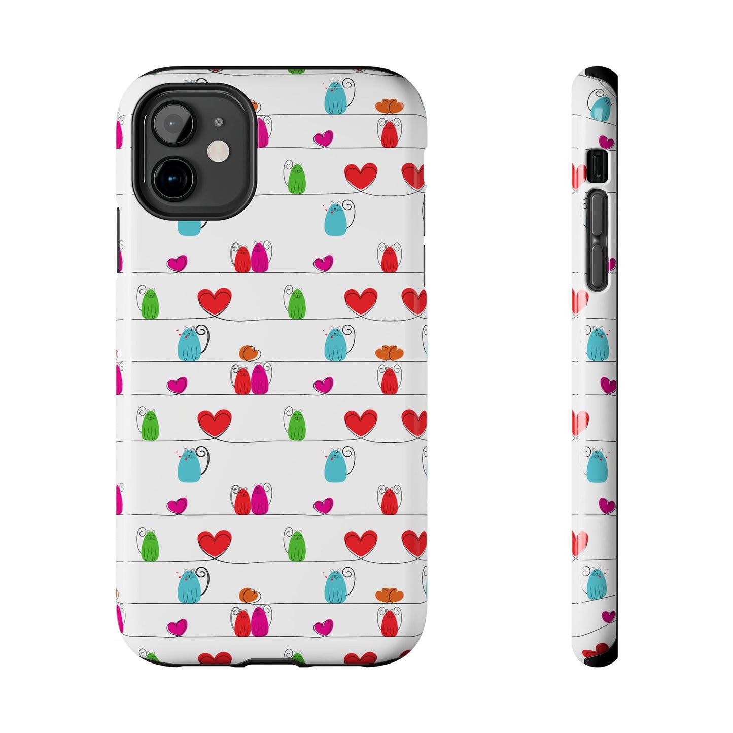 Printify phone case with whimsical cat print phone cover featuring colorful cats and hearts on white background