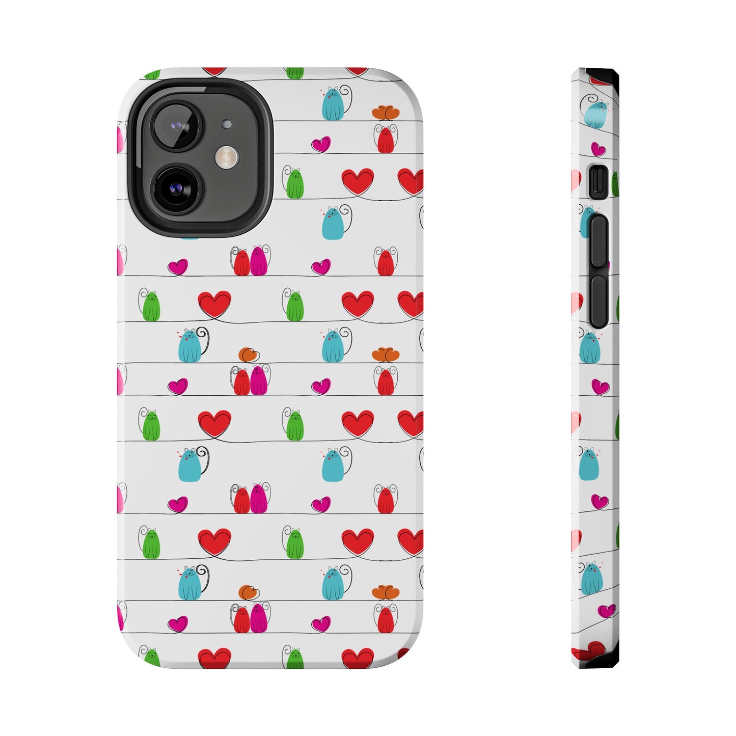 Printify phone case featuring whimsical cat print phone cover with colorful cat and heart pattern