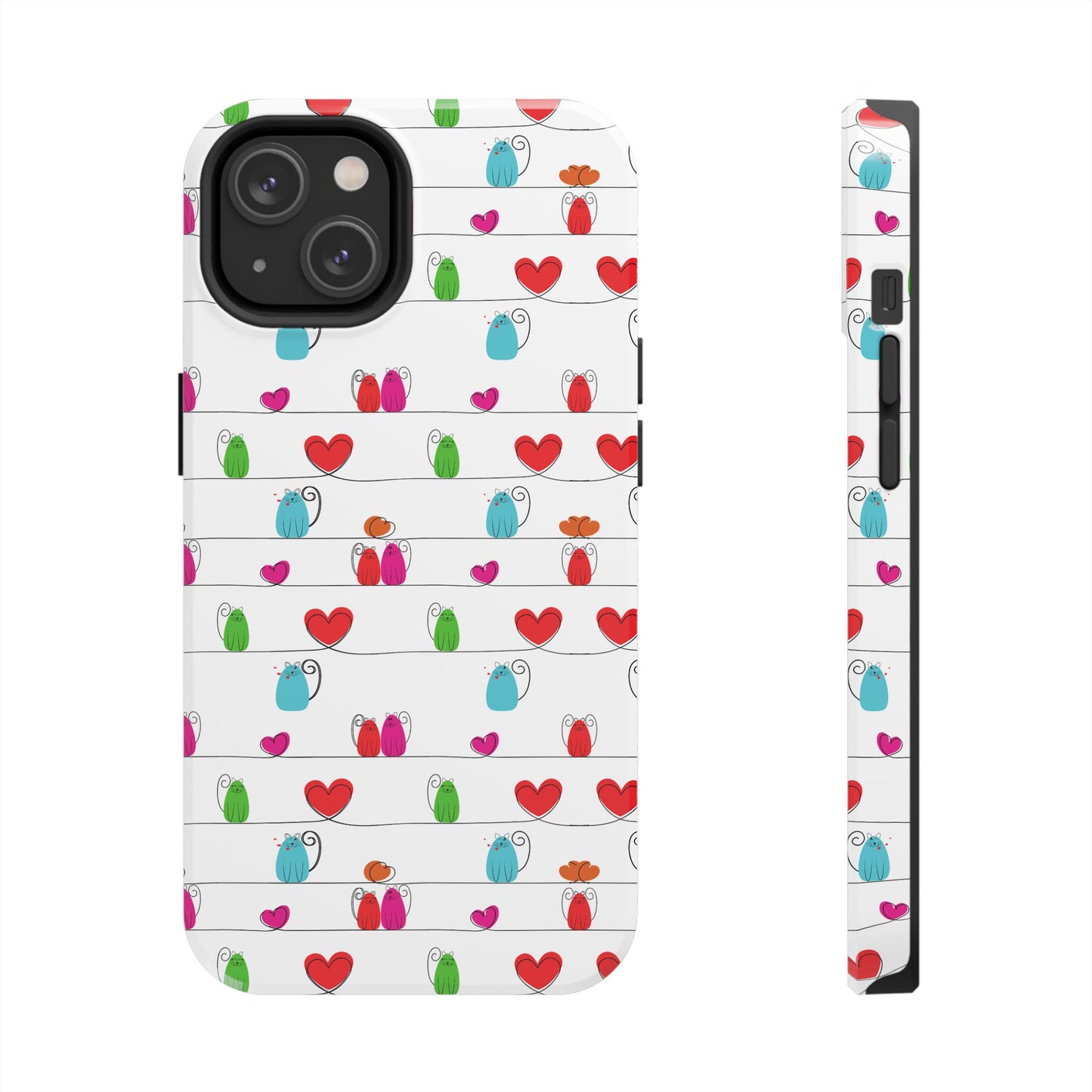 Printify slim phone case with whimsical cat print phone cover featuring colorful cats and hearts on white background