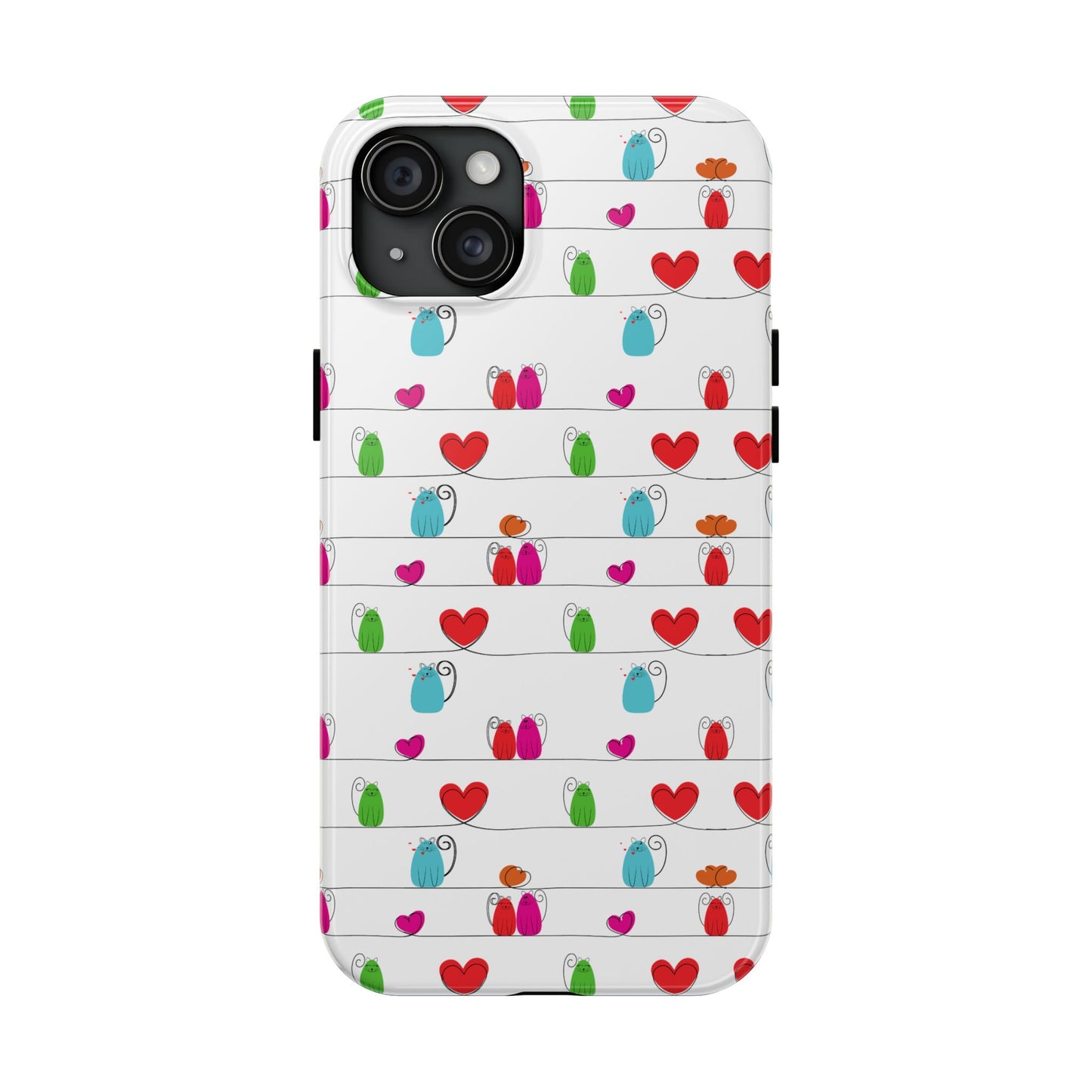 Printify phone case with whimsical cat print phone cover featuring colorful cartoon cats and red hearts on white