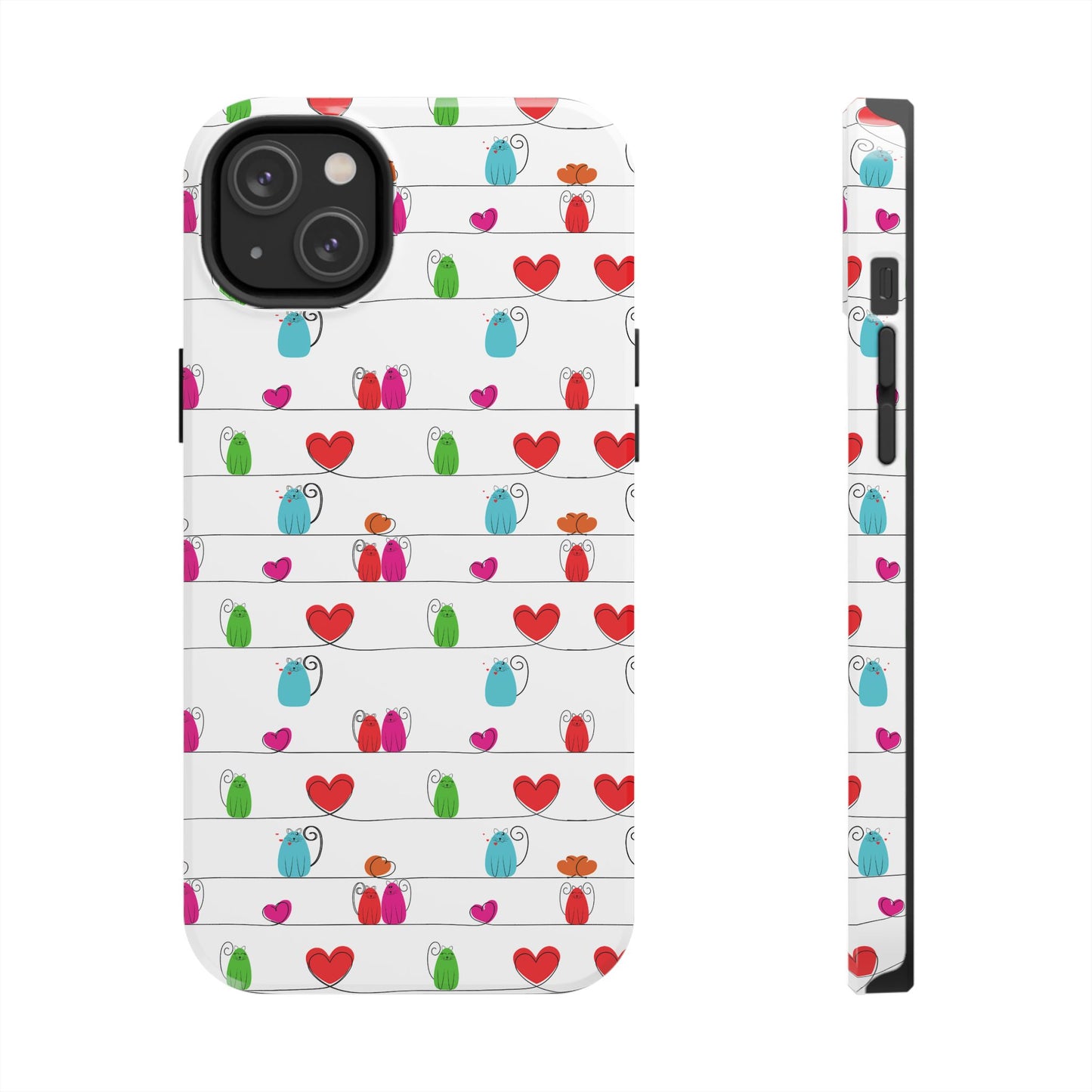 Printify phone case featuring whimsical cat print phone cover with colorful cats hearts on white