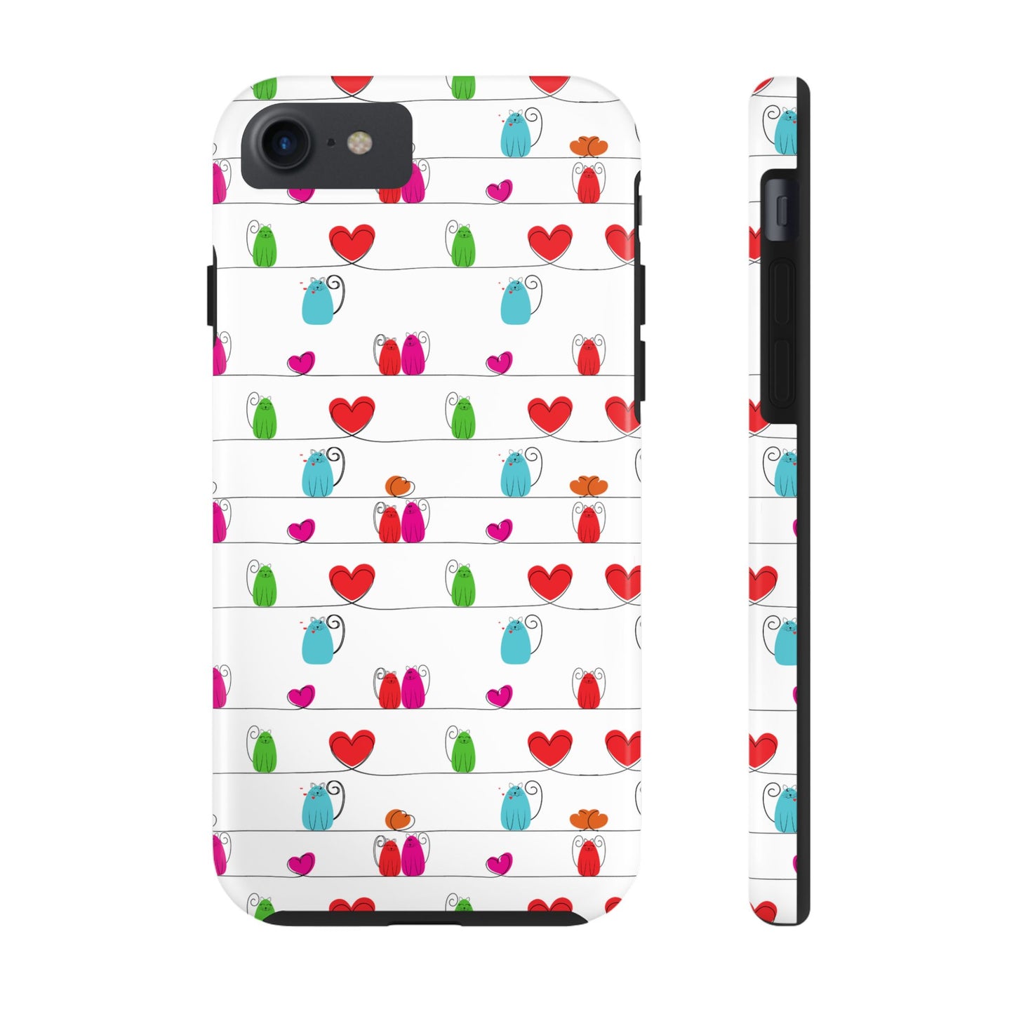 Printify white protective phone case with whimsical cat print phone cover showing colorful cartoon cats and hearts on wire lines