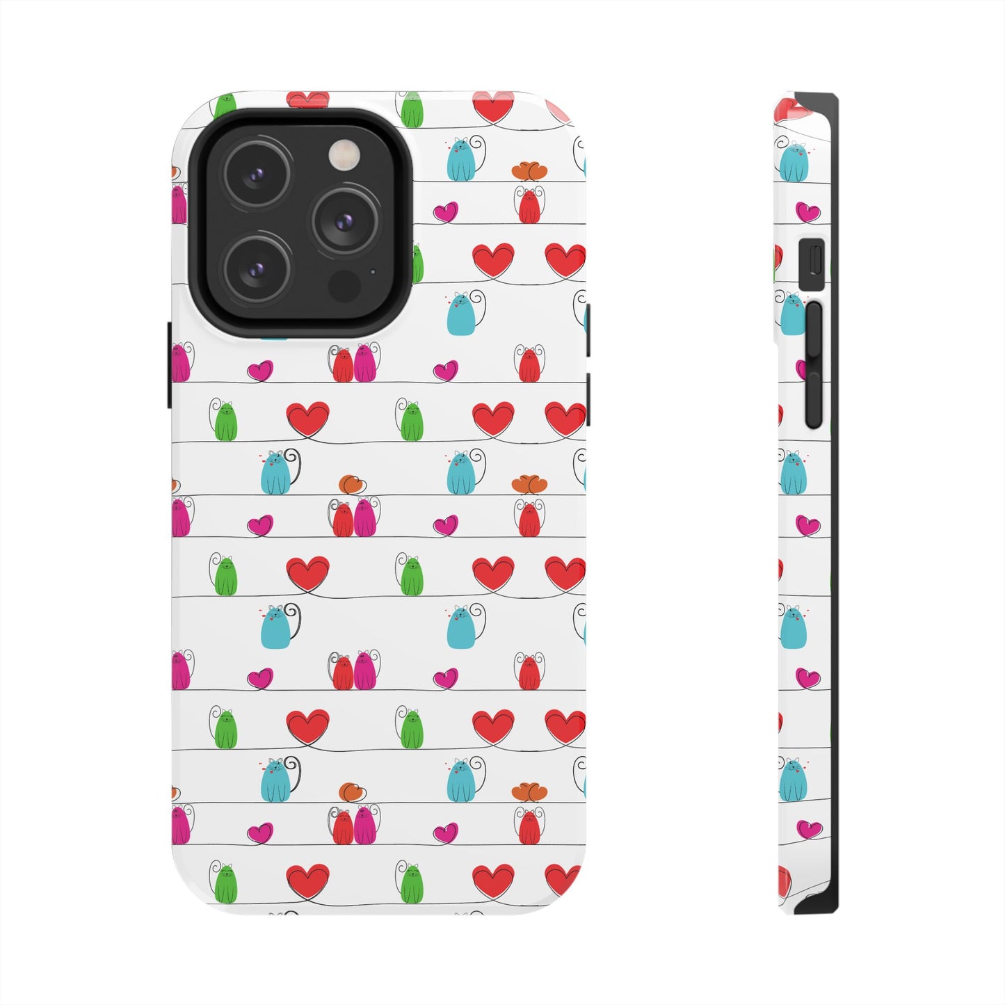 Printify slim phone case with whimsical cat print phone cover featuring colorful cartoon cats and hearts on white
