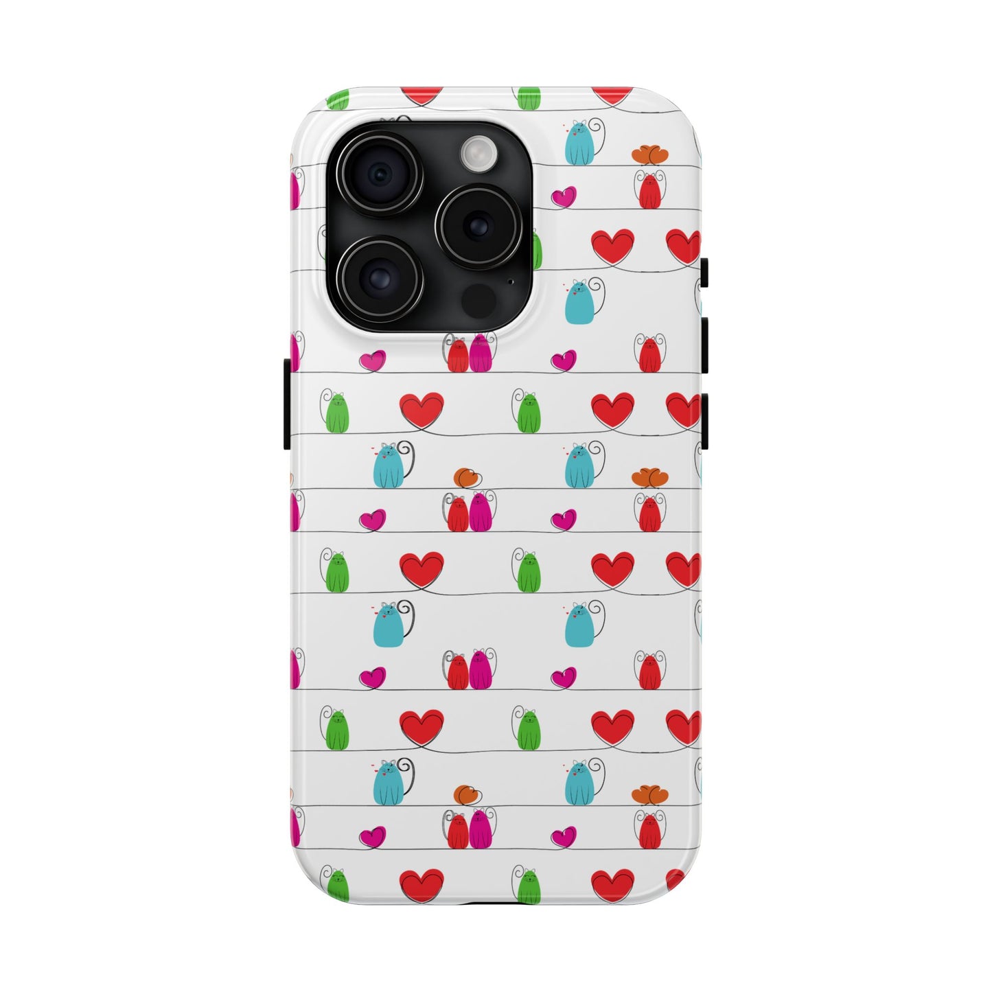 Printify whimsical cat print phone cover featuring colorful cartoon cats on striped white background with red hearts
