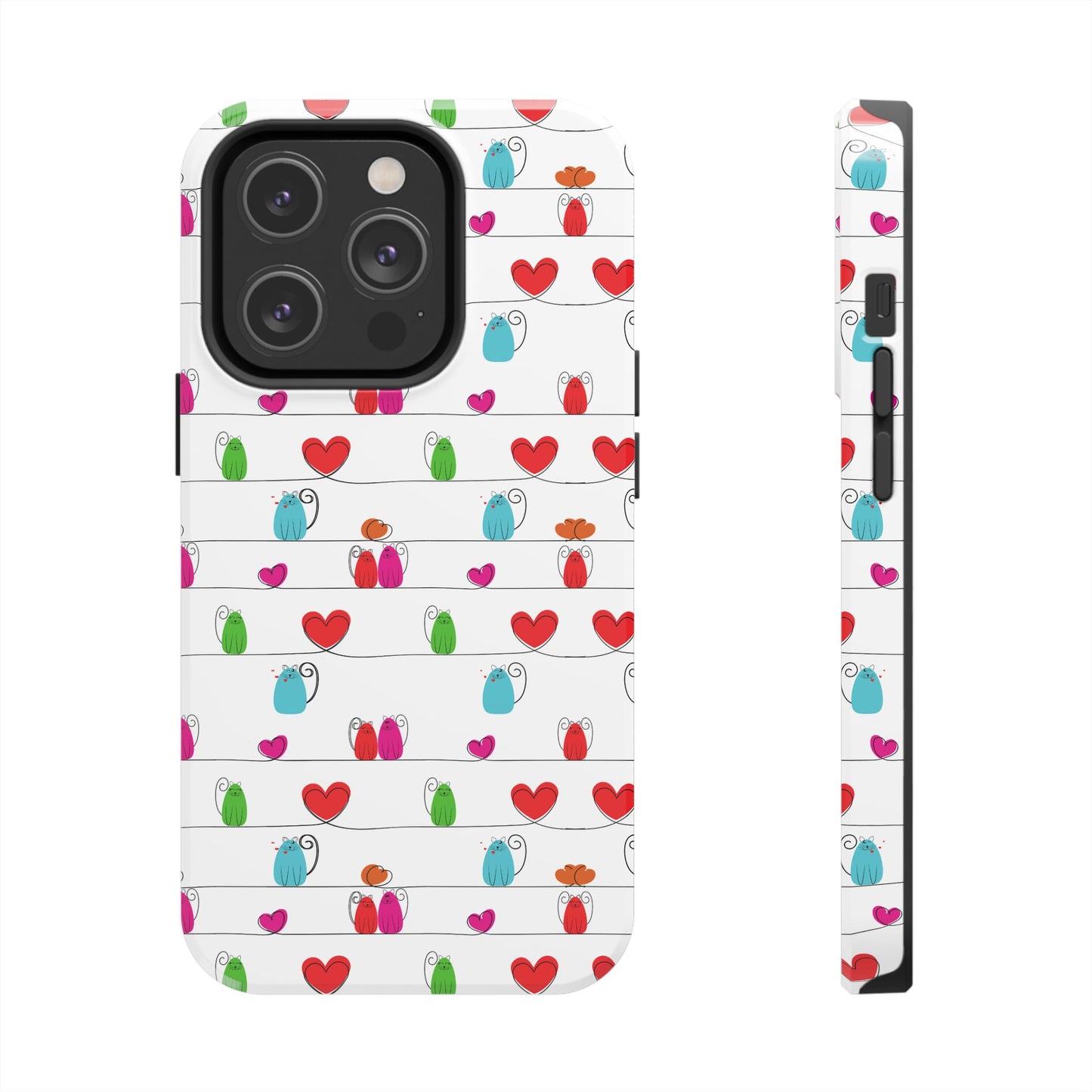 Printify phone case with whimsical cat print phone cover pattern of colorful cats and red hearts on white