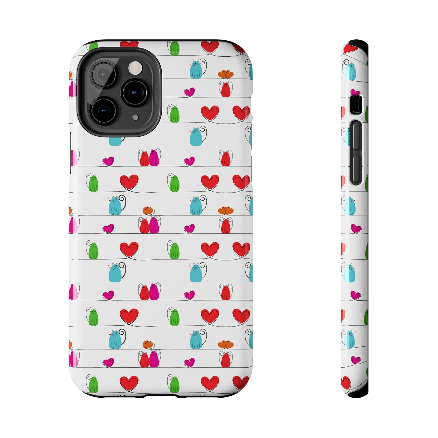 White phone case with colorful doodle cats and red hearts on horizontal stripes whimsical cat print phone cover