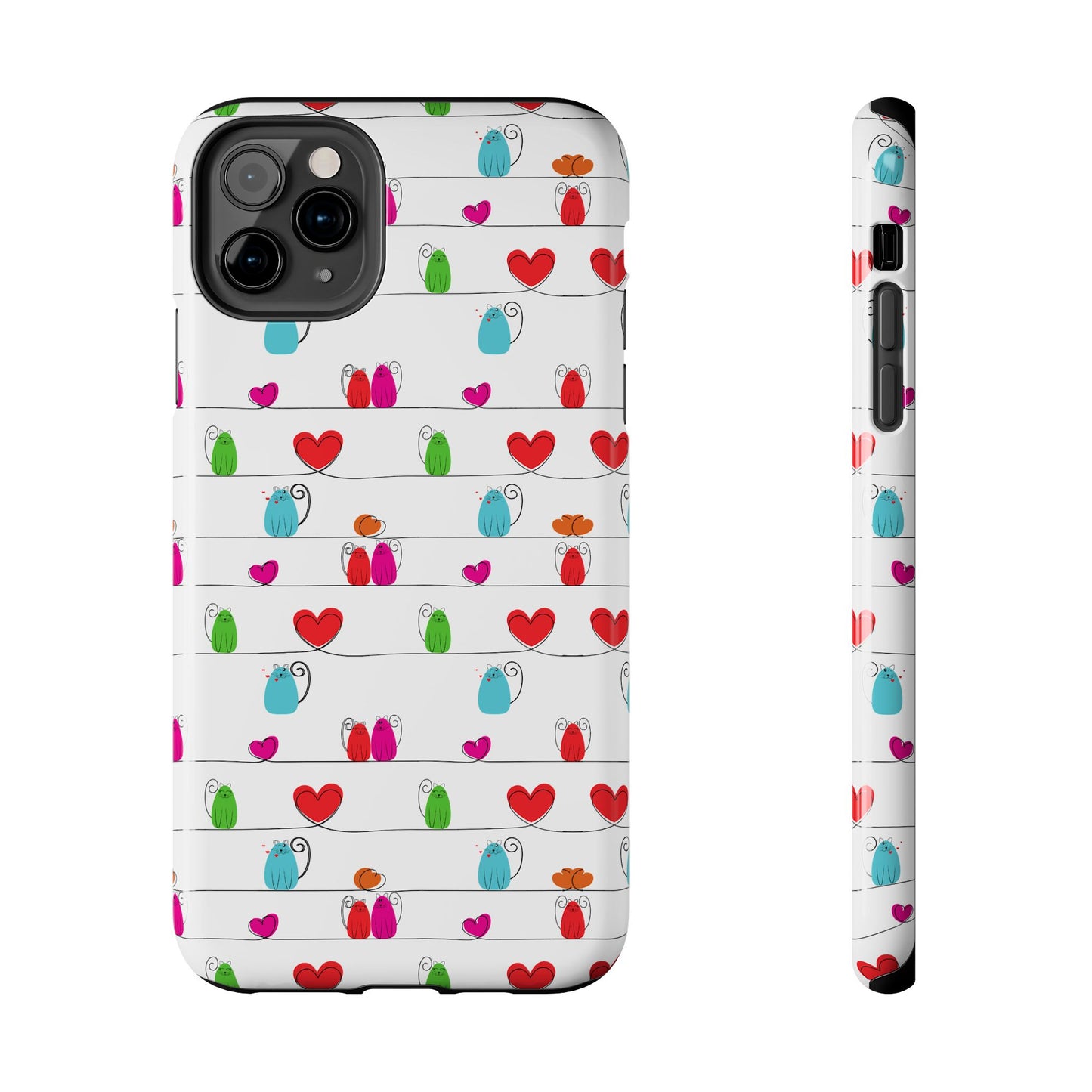 Printify phone case with whimsical cat print phone cover pattern of colorful cat icons and hearts