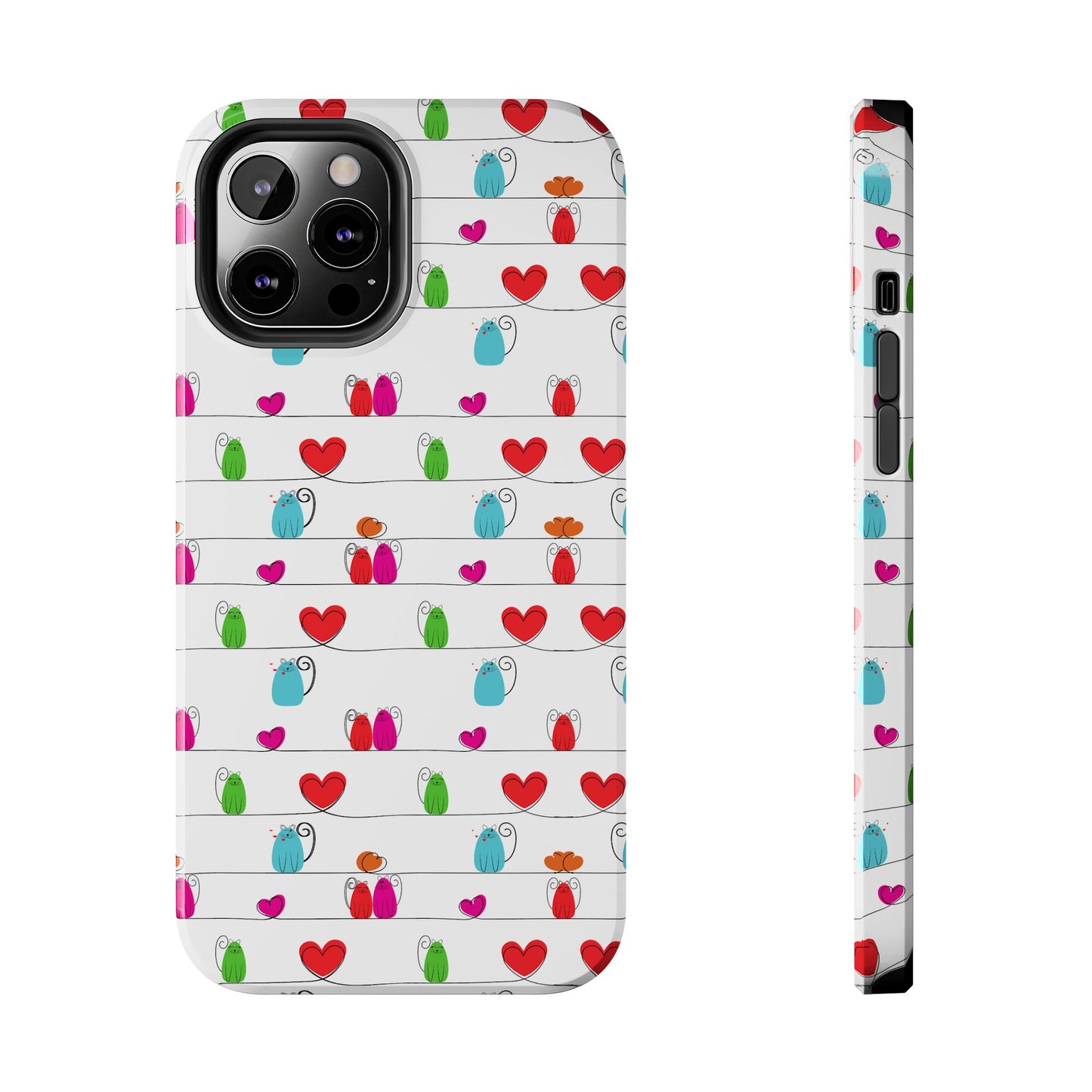 Printify phone case with whimsical cat print phone cover featuring colorful cartoon cats on striped white background with hearts