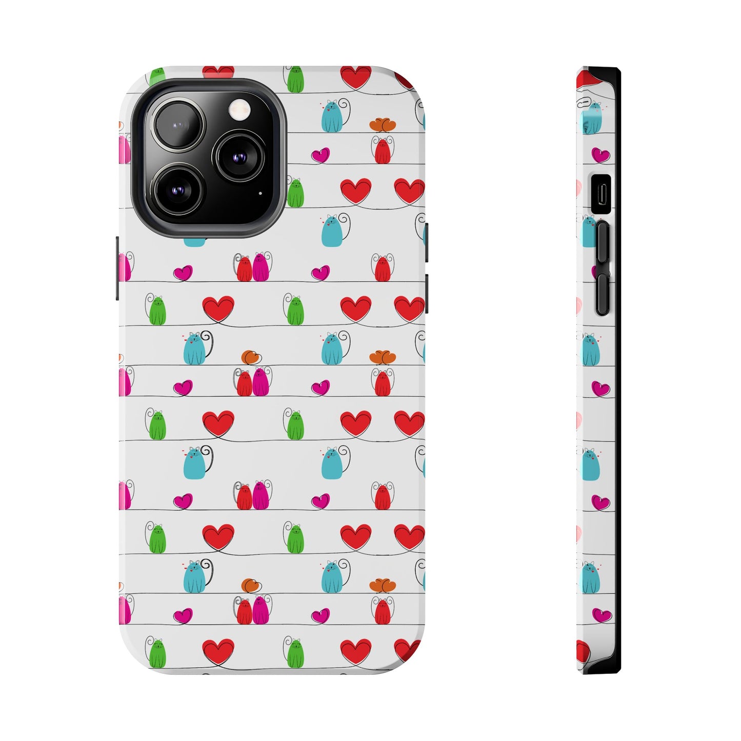 Printify phone case with whimsical cat print phone cover featuring colorful hearts on stripes