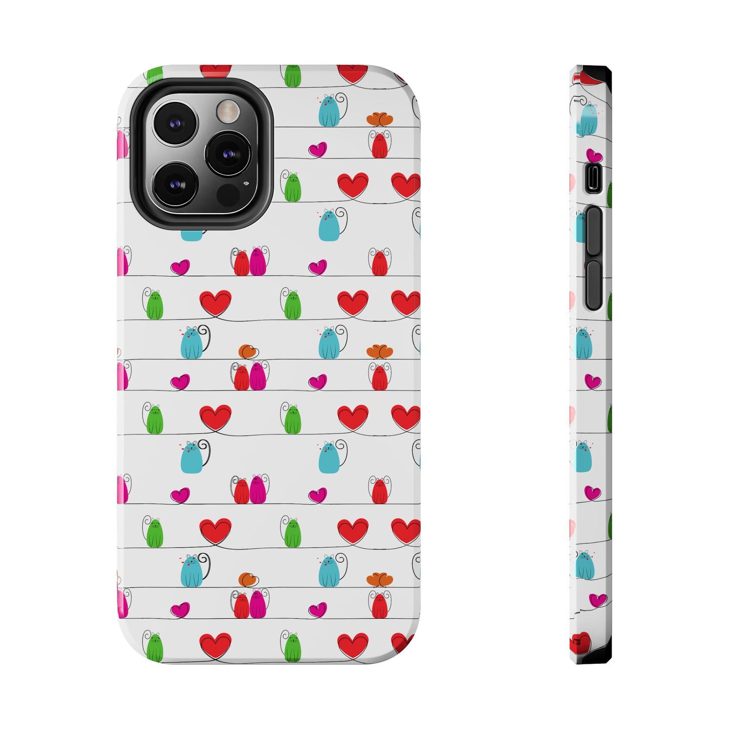 Printify phone case with whimsical cat print phone cover featuring colorful cat silhouettes and red hearts on white background